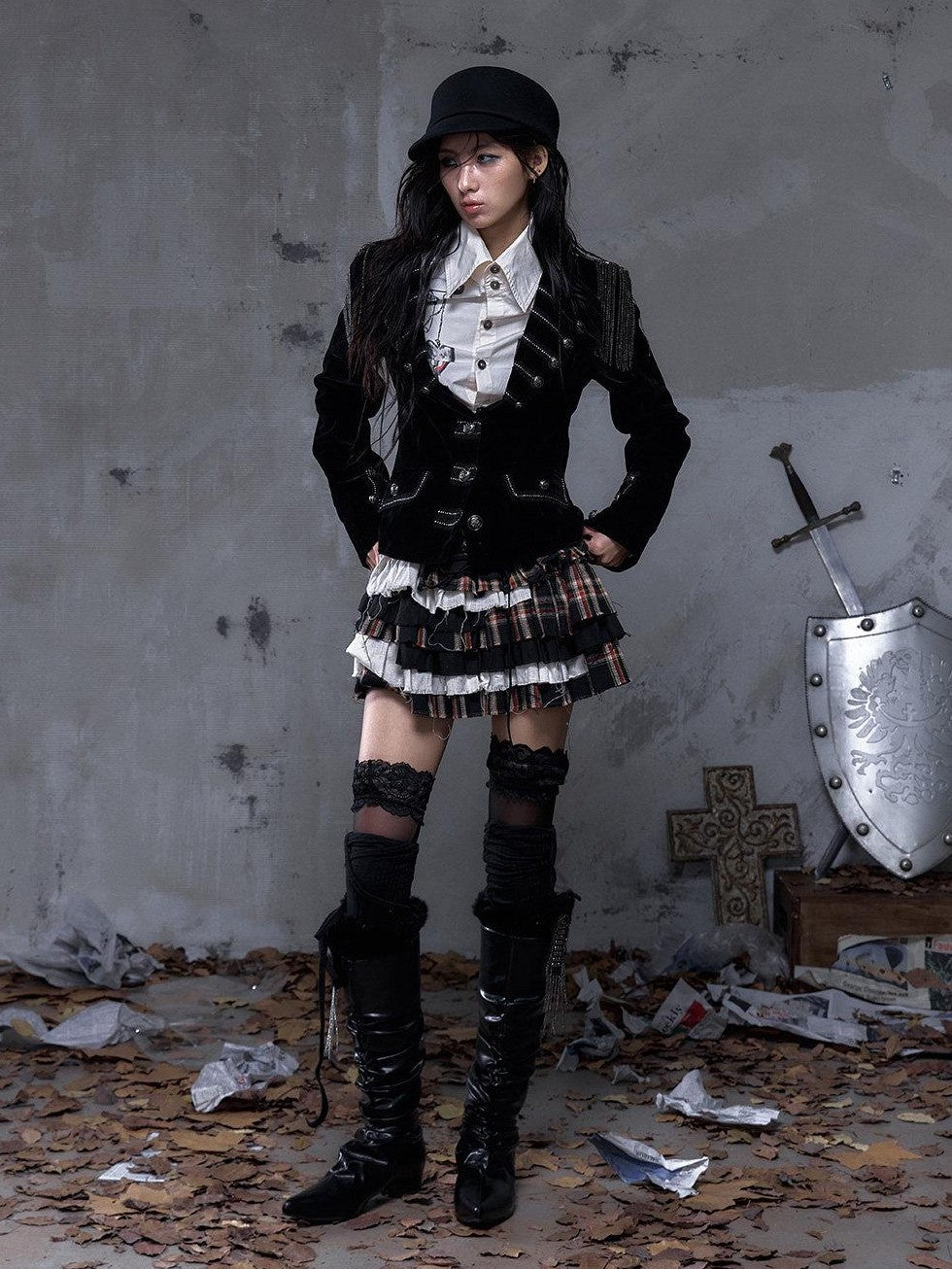 NO ROMANCE Vintage Plaid Multi Layer Punk Women'S Linen Cotton Low Waist Frayed Mini Skirts