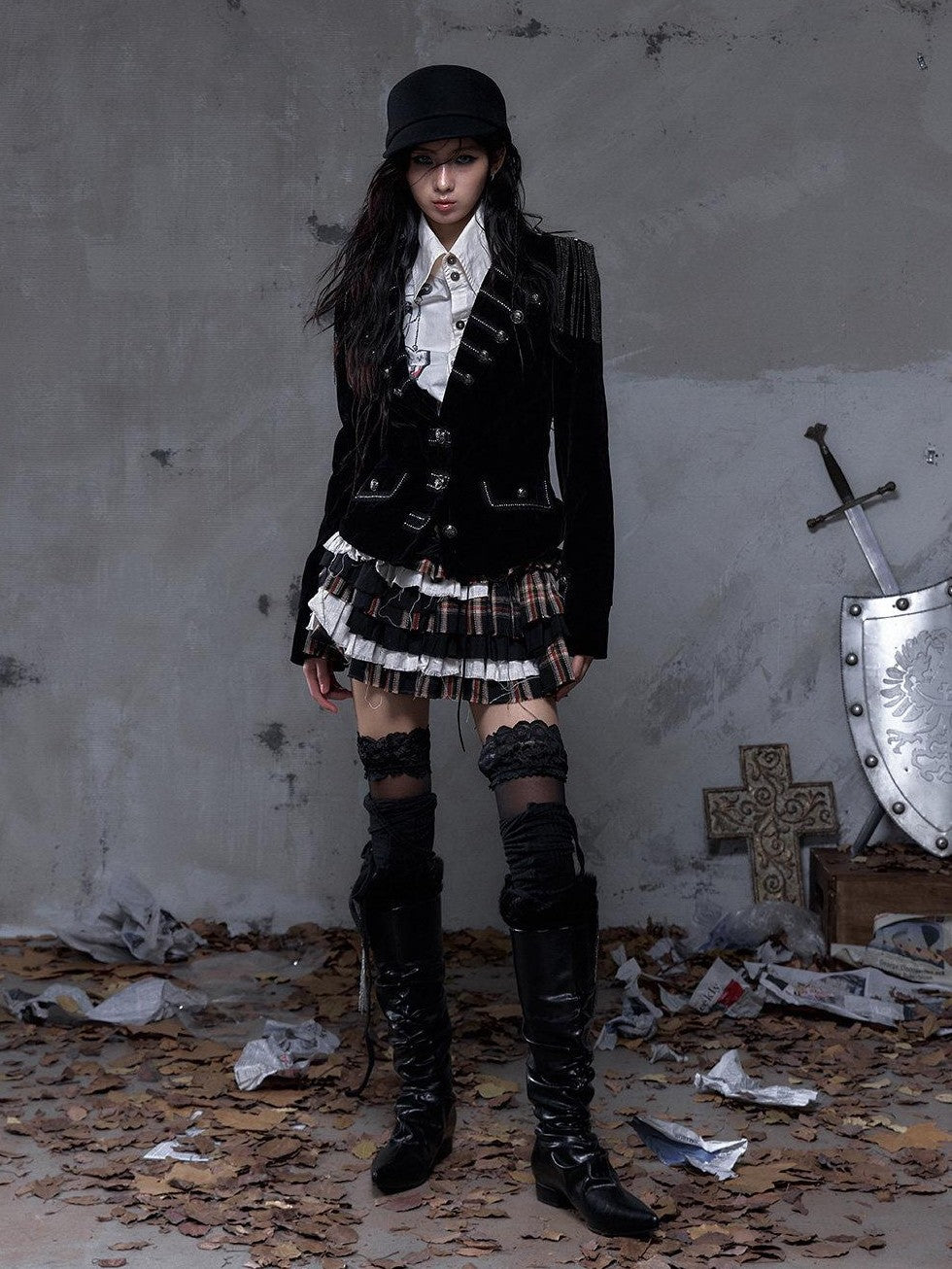 NO ROMANCE Vintage Plaid Multi Layer Punk Women'S Linen Cotton Low Waist Frayed Mini Skirts