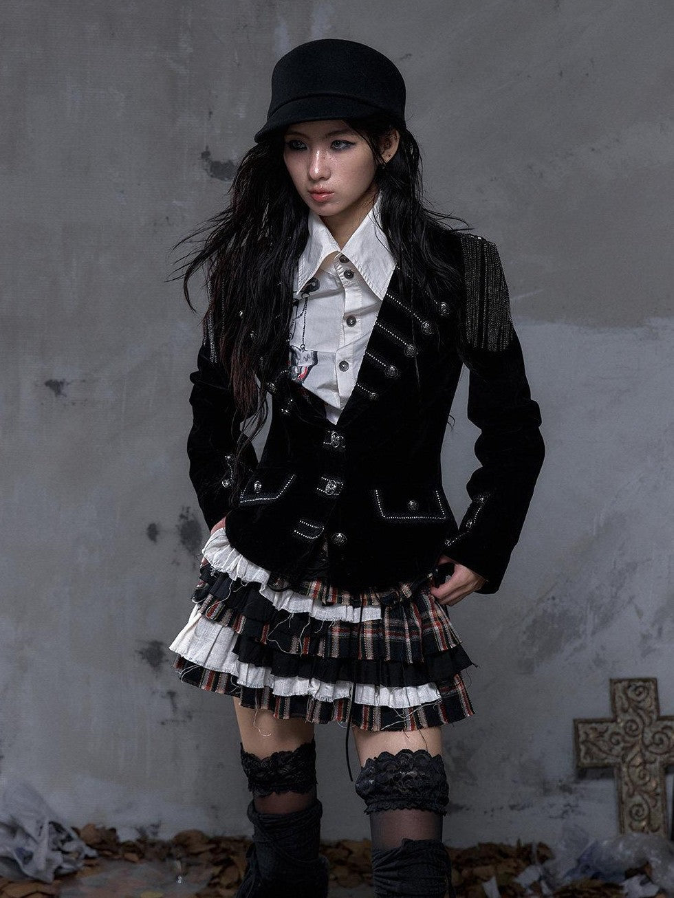 NO ROMANCE Vintage Plaid Multi Layer Punk Women'S Linen Cotton Low Waist Frayed Mini Skirts