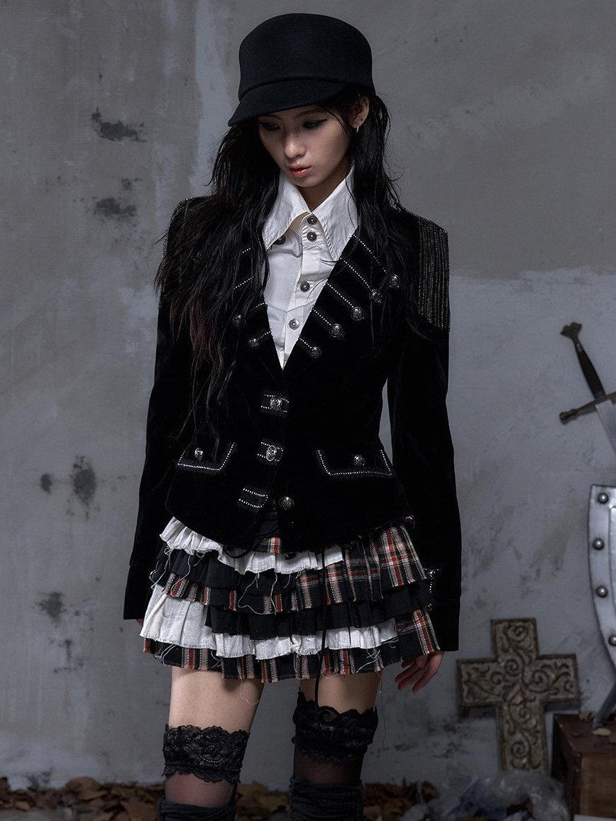 NO ROMANCE Vintage Plaid Multi Layer Punk Women'S Linen Cotton Low Waist Frayed Mini Skirts