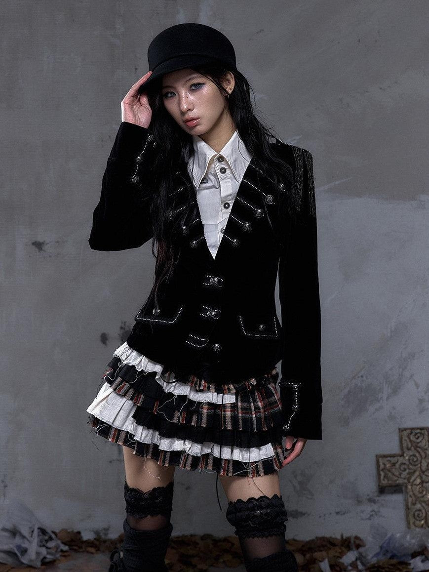 NO ROMANCE Vintage Plaid Multi Layer Punk Women'S Linen Cotton Low Waist Frayed Mini Skirts