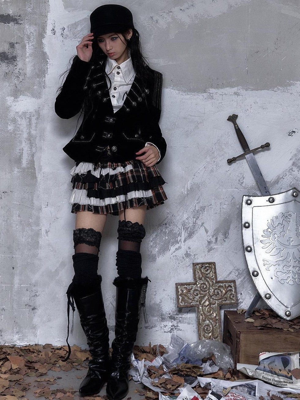 NO ROMANCE Vintage Plaid Multi Layer Punk Women'S Linen Cotton Low Waist Frayed Mini Skirts