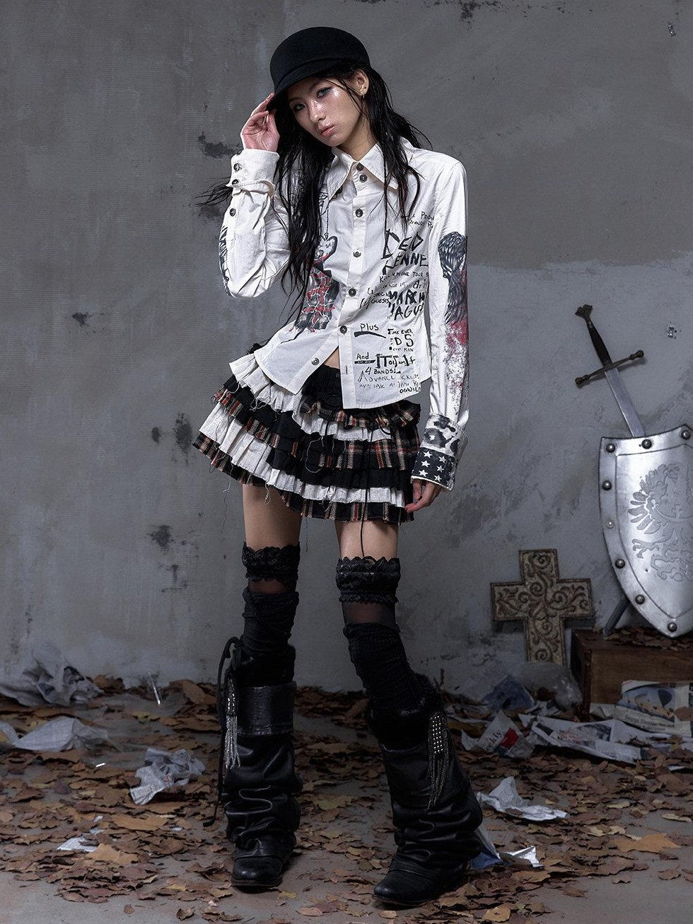 NO ROMANCE Vintage Plaid Multi Layer Punk Women'S Linen Cotton Low Waist Frayed Mini Skirts