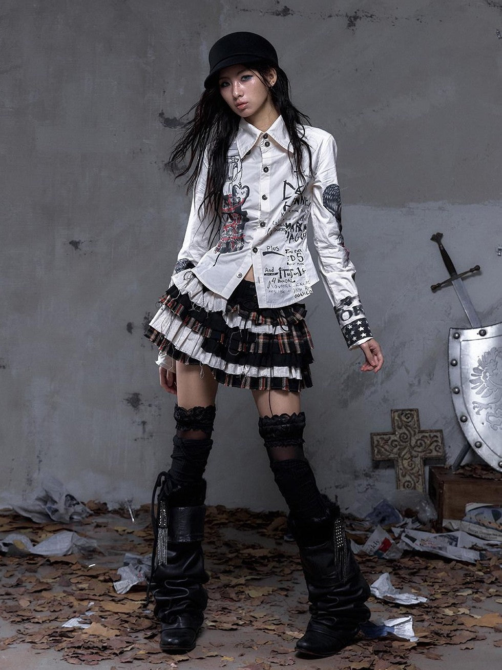 NO ROMANCE Vintage Plaid Multi Layer Punk Women'S Linen Cotton Low Waist Frayed Mini Skirts