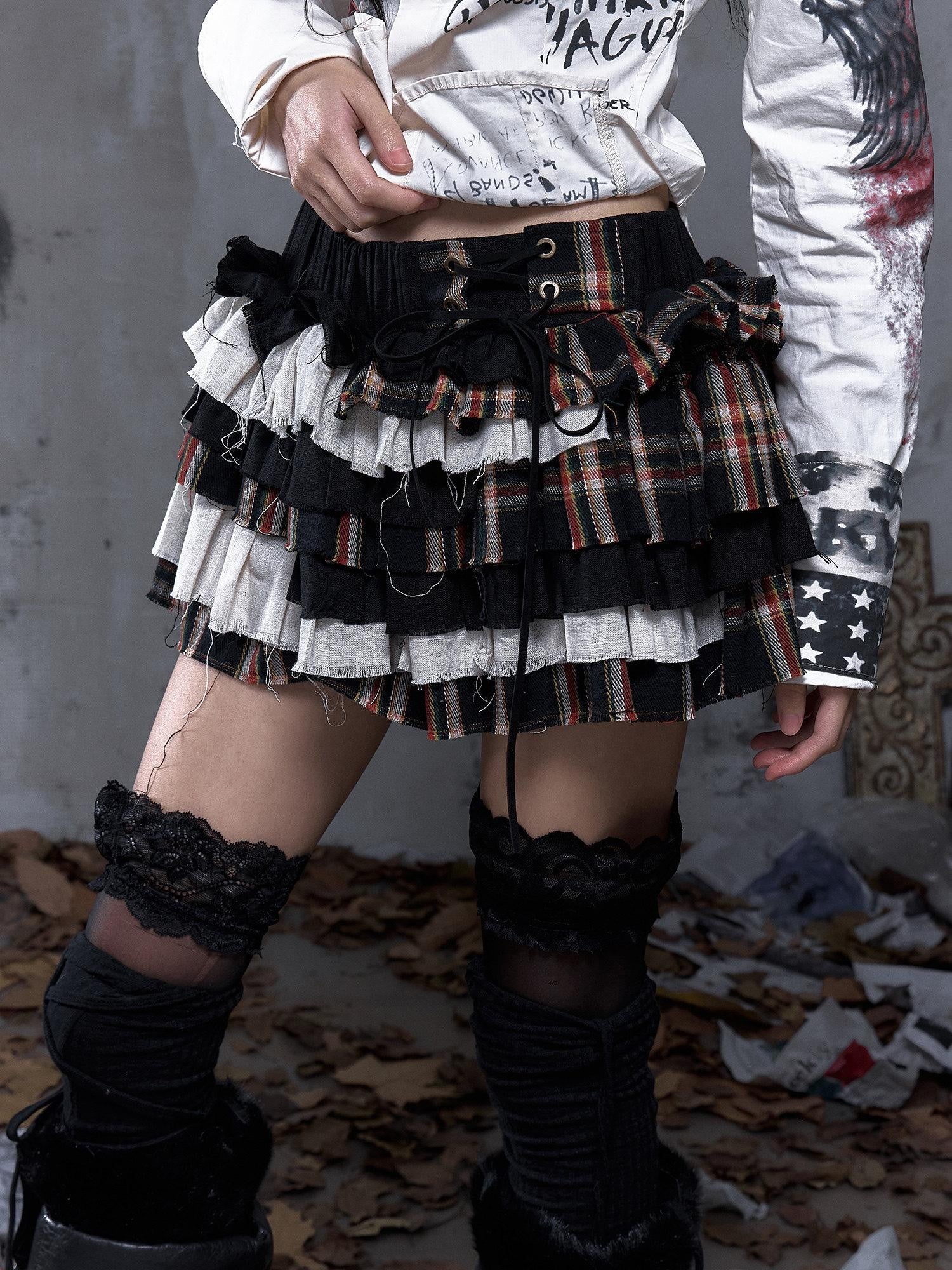 NO ROMANCE Vintage Plaid Multi Layer Punk Women'S Linen Cotton Low Waist Frayed Mini Skirts