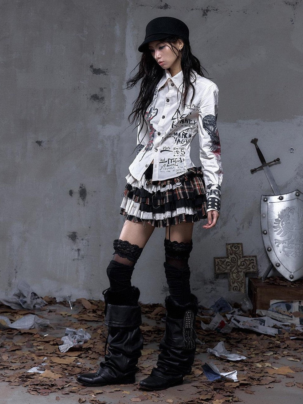 NO ROMANCE Vintage Plaid Multi Layer Punk Women'S Linen Cotton Low Waist Frayed Mini Skirts