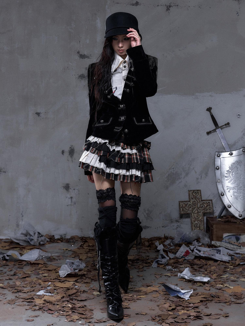 NO ROMANCE Vintage Plaid Multi Layer Punk Women'S Linen Cotton Low Waist Frayed Mini Skirts