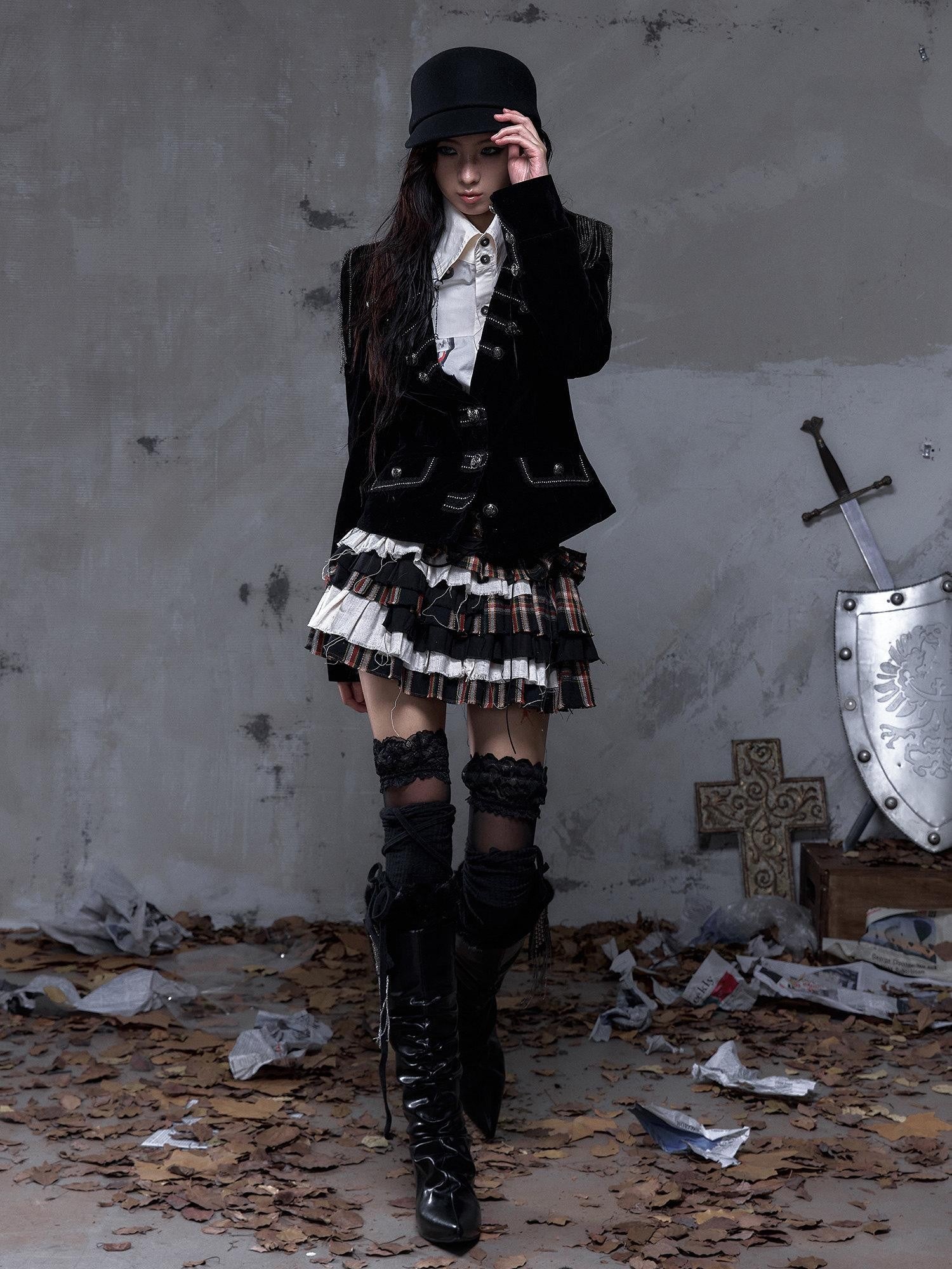 NO ROMANCE Vintage Plaid Multi Layer Punk Women'S Linen Cotton Low Waist Frayed Mini Skirts