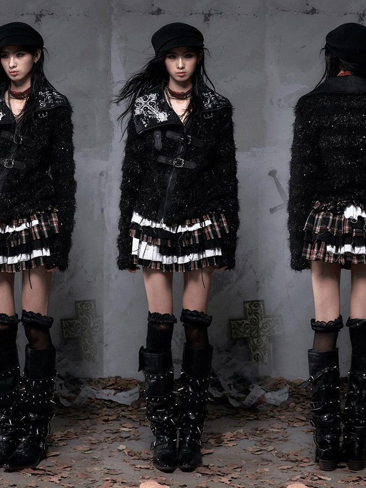 NO ROMANCE Vintage Plaid Multi Layer Punk Women'S Linen Cotton Low Waist Frayed Mini Skirts