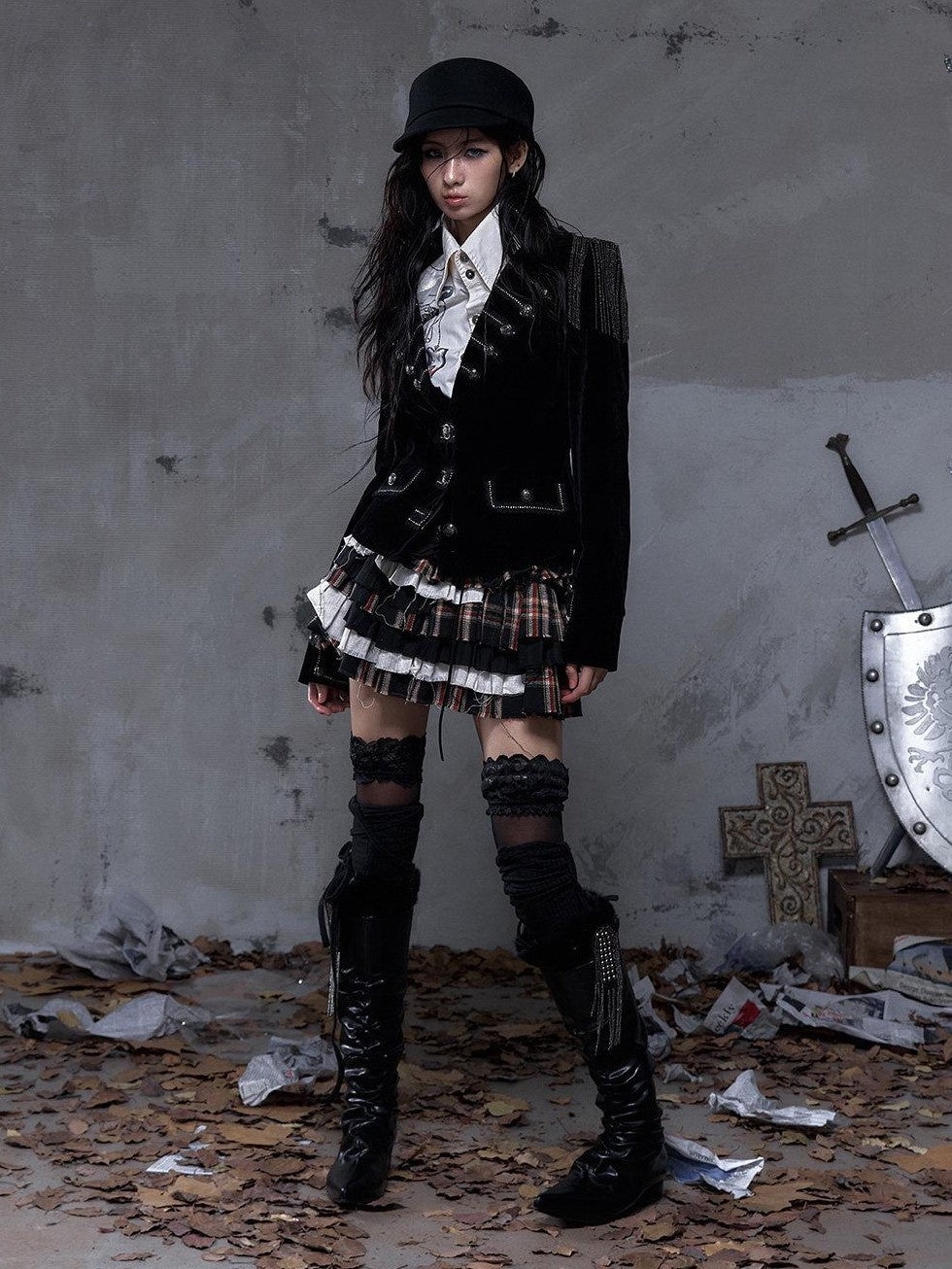NO ROMANCE Vintage Plaid Multi Layer Punk Women'S Linen Cotton Low Waist Frayed Mini Skirts
