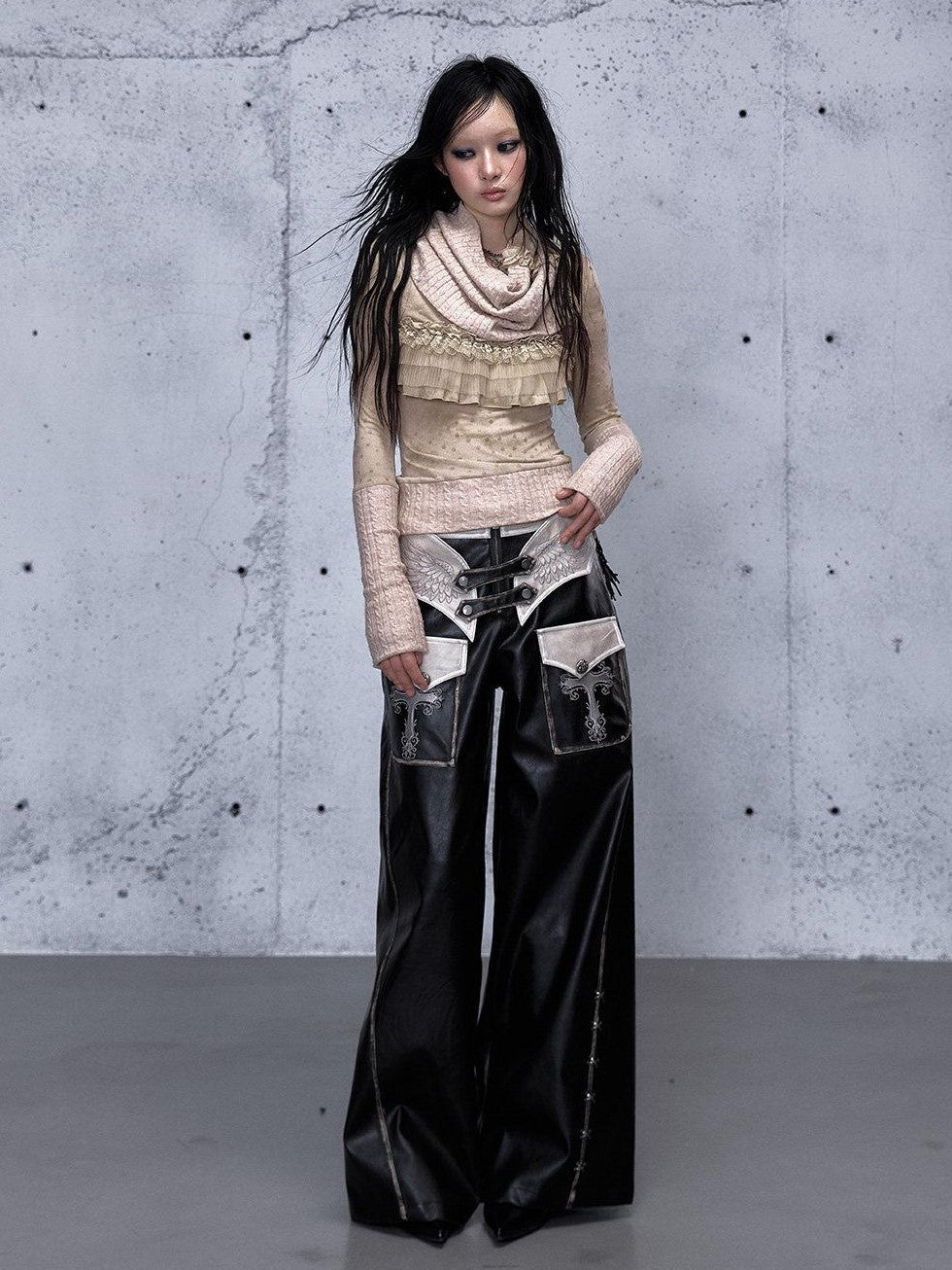 NO ROMANCE Vintage Punk Detachable Collar Patchwork Round Neck Women'S Wool Sweaters