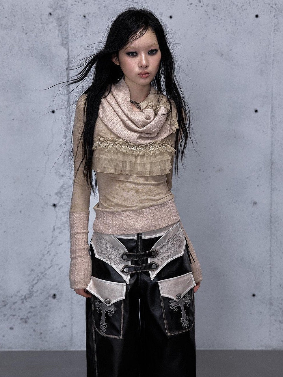 NO ROMANCE Vintage Punk Detachable Collar Patchwork Round Neck Women'S Wool Sweaters