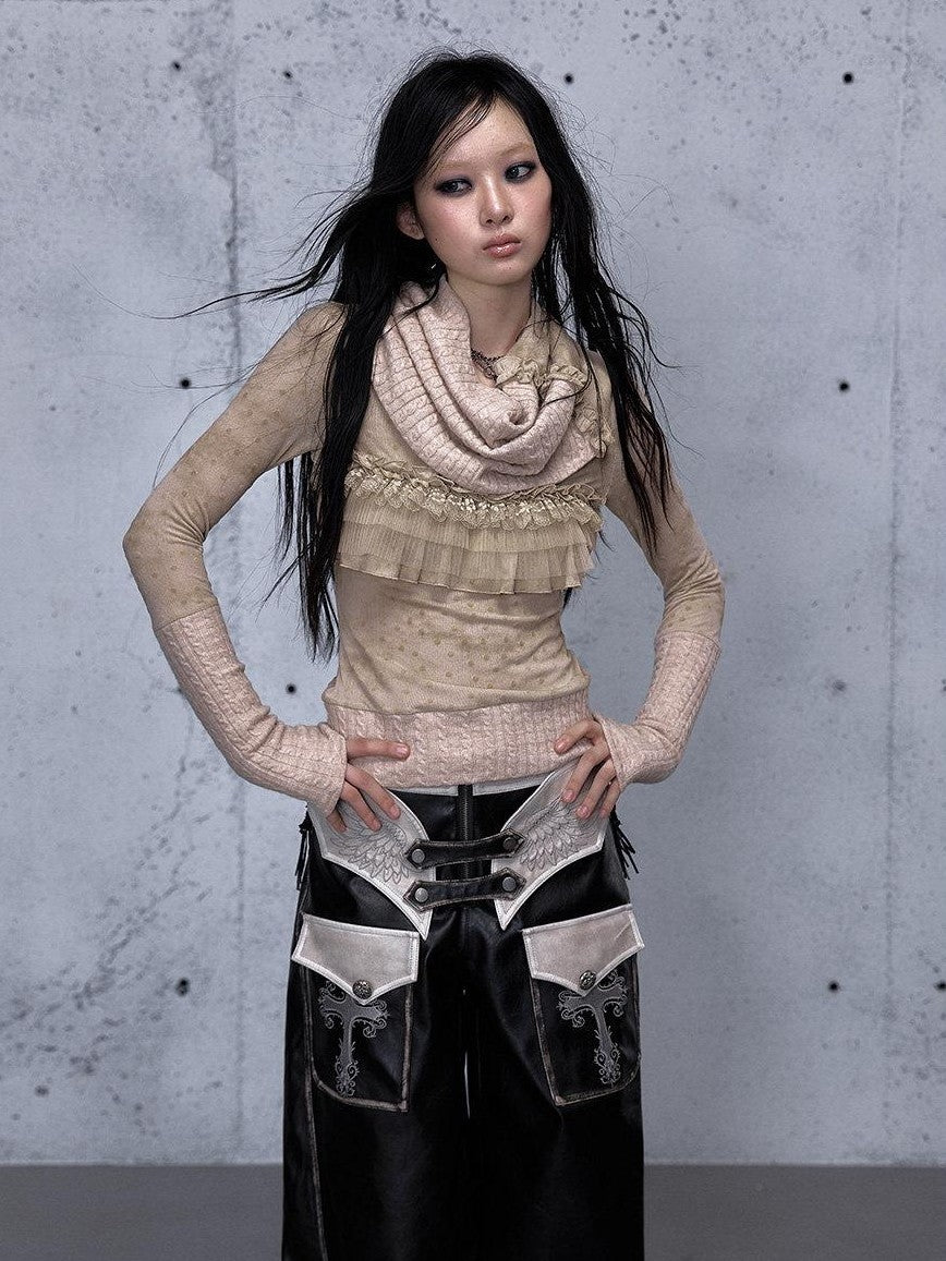 NO ROMANCE Vintage Punk Detachable Collar Patchwork Round Neck Women'S Wool Sweaters