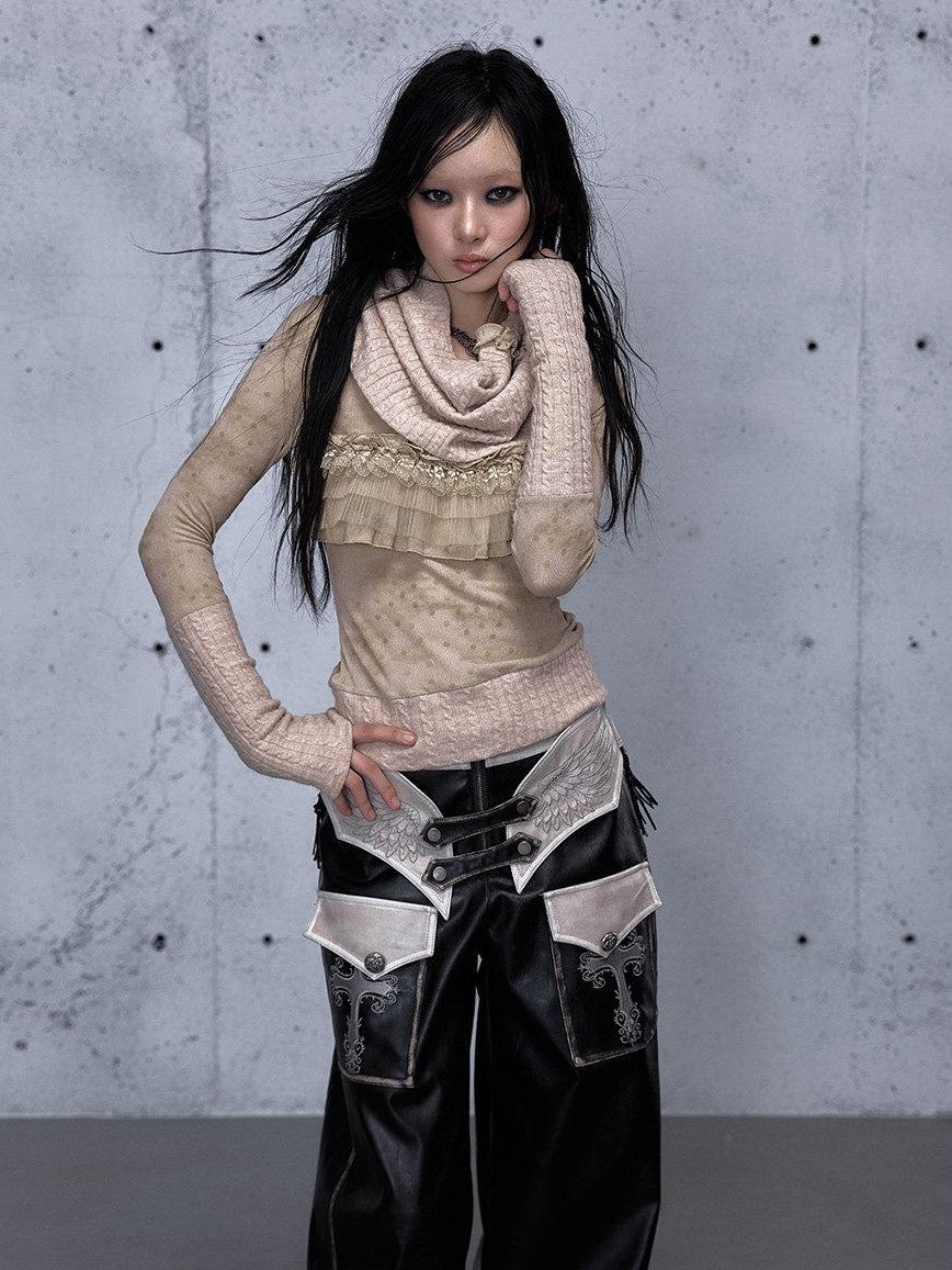 NO ROMANCE Vintage Punk Detachable Collar Patchwork Round Neck Women'S Wool Sweaters