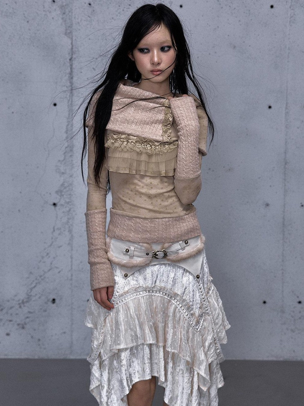 NO ROMANCE Vintage Punk Detachable Collar Patchwork Round Neck Women'S Wool Sweaters