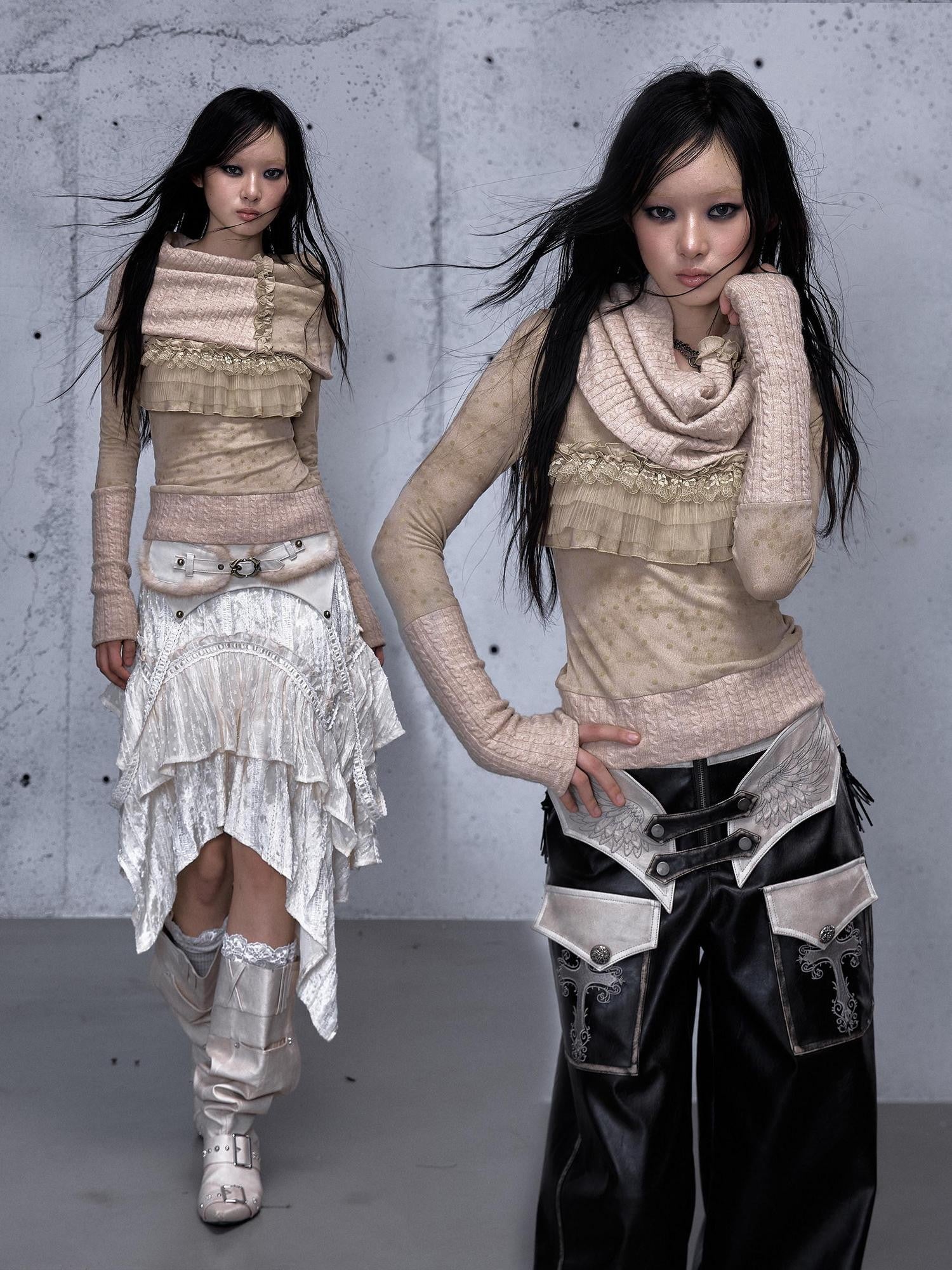NO ROMANCE Vintage Punk Detachable Collar Patchwork Round Neck Women'S Wool Sweaters