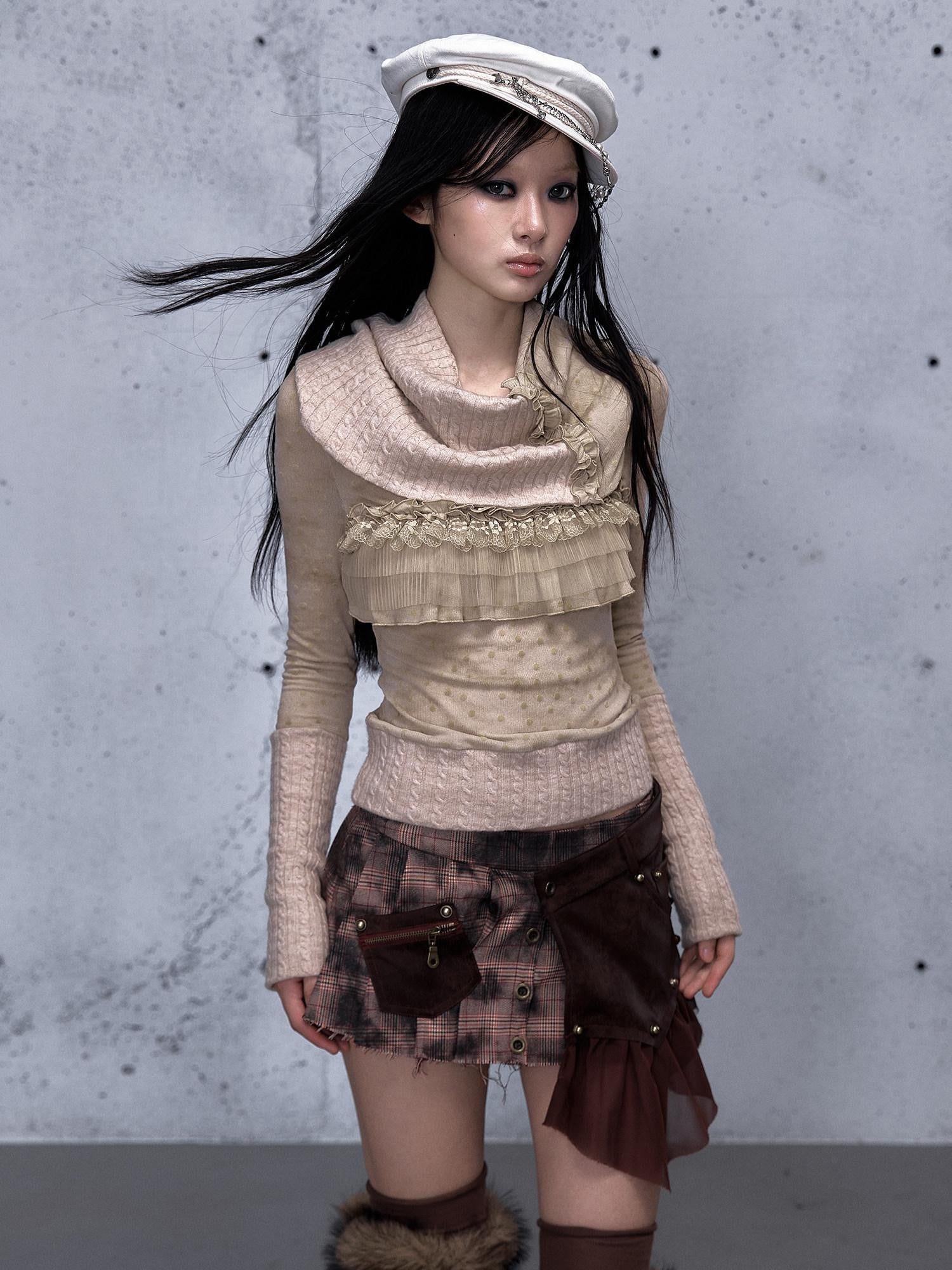 NO ROMANCE Vintage Punk Detachable Collar Patchwork Round Neck Women'S Wool Sweaters