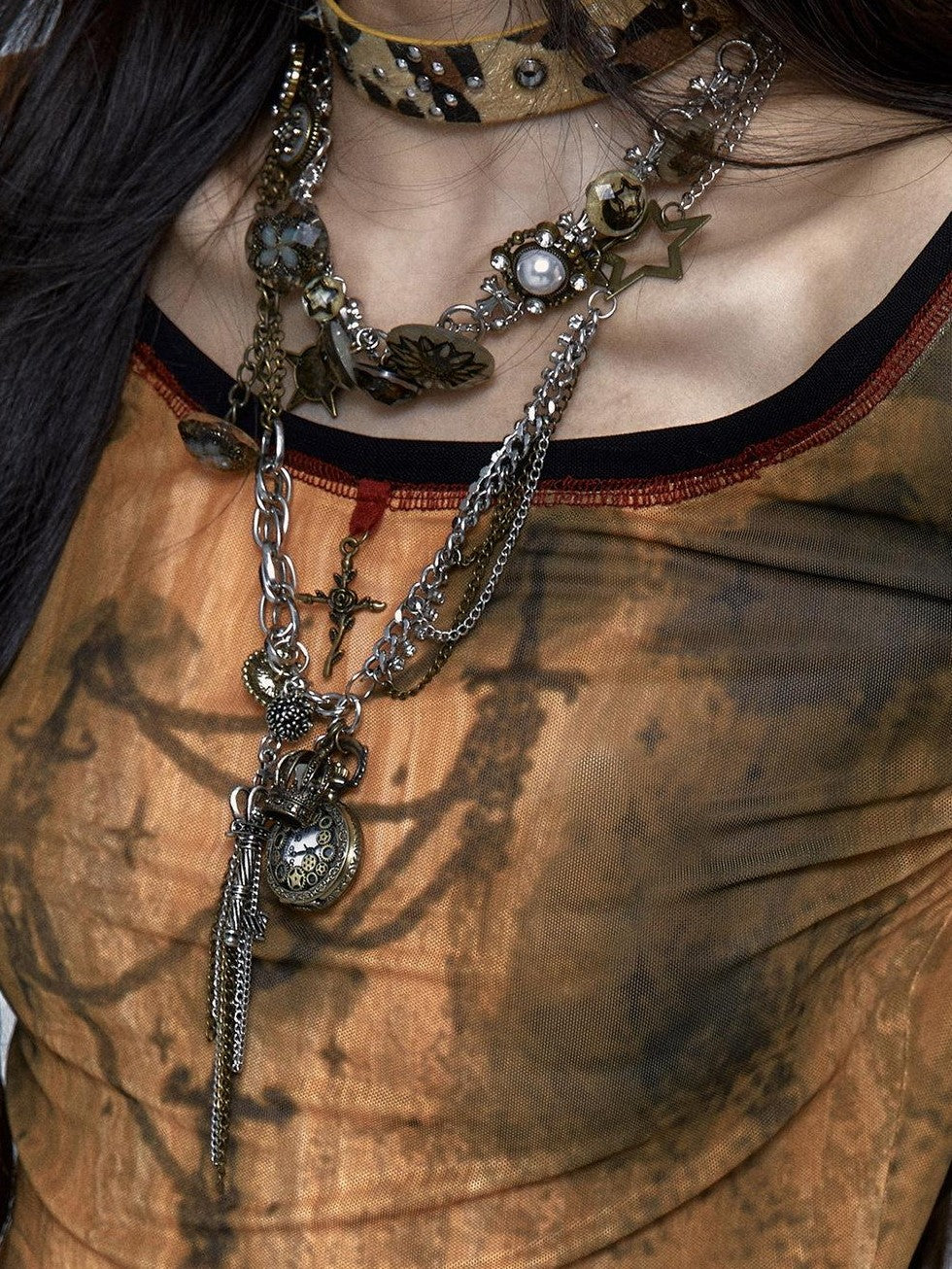 NO ROMANCE Vintage Punk Distressed Pocketwatch Spliced Women'S Manmade Crystal Pendants
