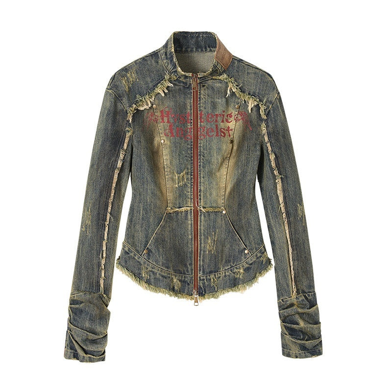 NO_ROMANCE_Vintage_Punk_Distressed_Washed_Rivet_Cinched_Waist_Women'S_Denim_Jackets_MISSTT