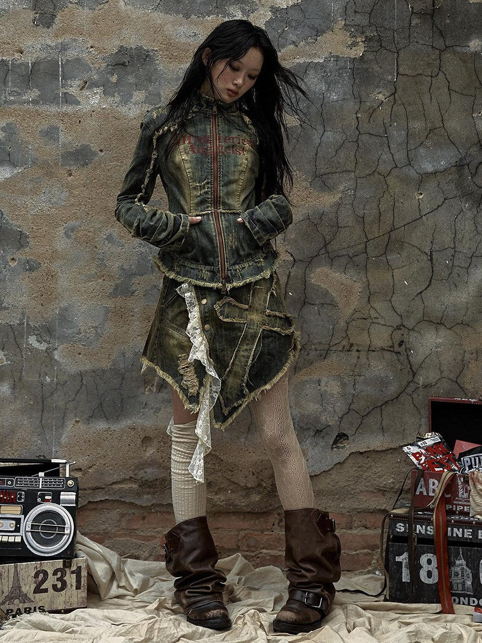 NO ROMANCE Vintage Punk Distressed Washed Rivet Cinched Waist Women'S Denim Jackets