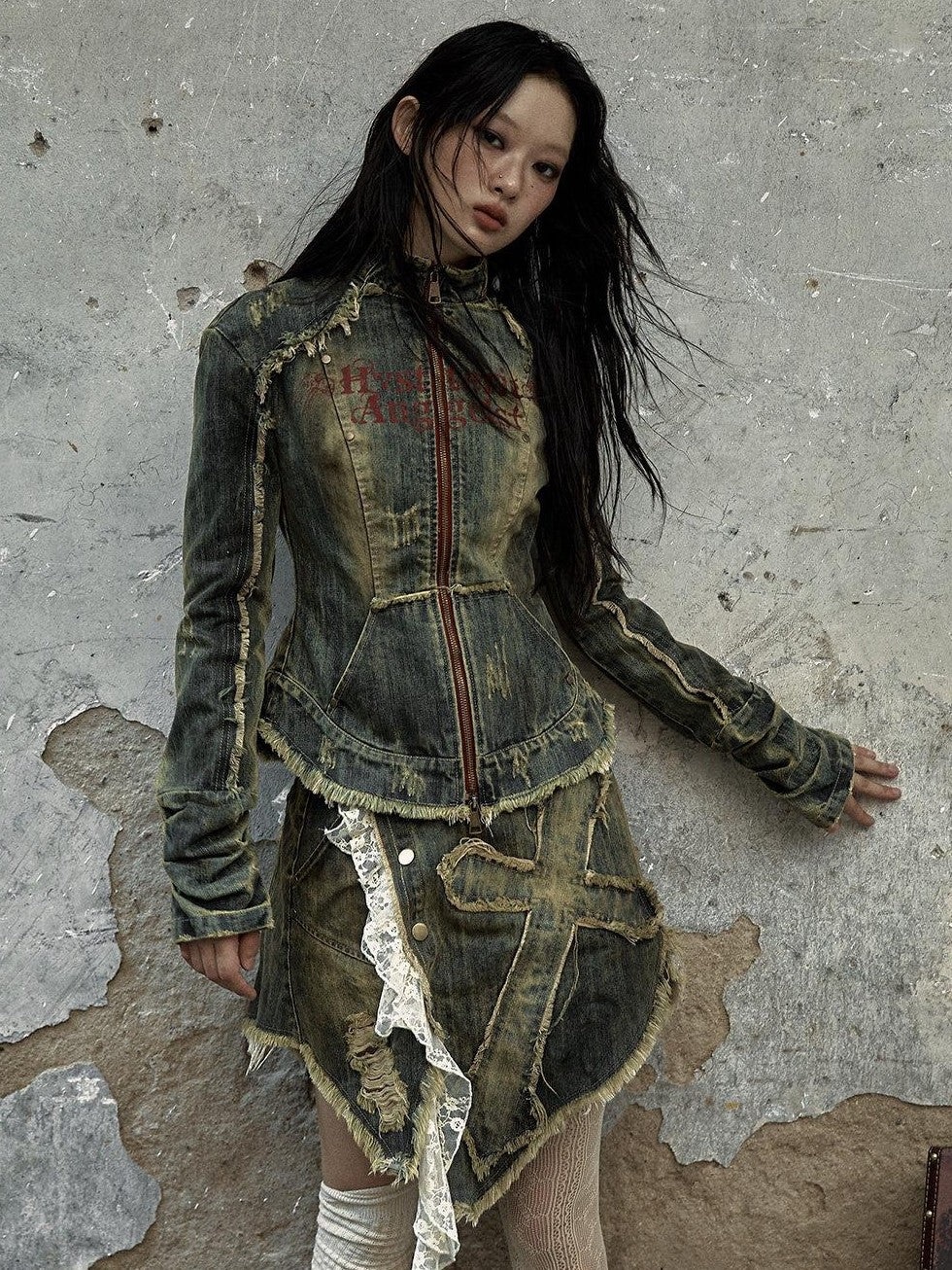 NO ROMANCE Vintage Punk Distressed Washed Rivet Cinched Waist Women'S Denim Jackets