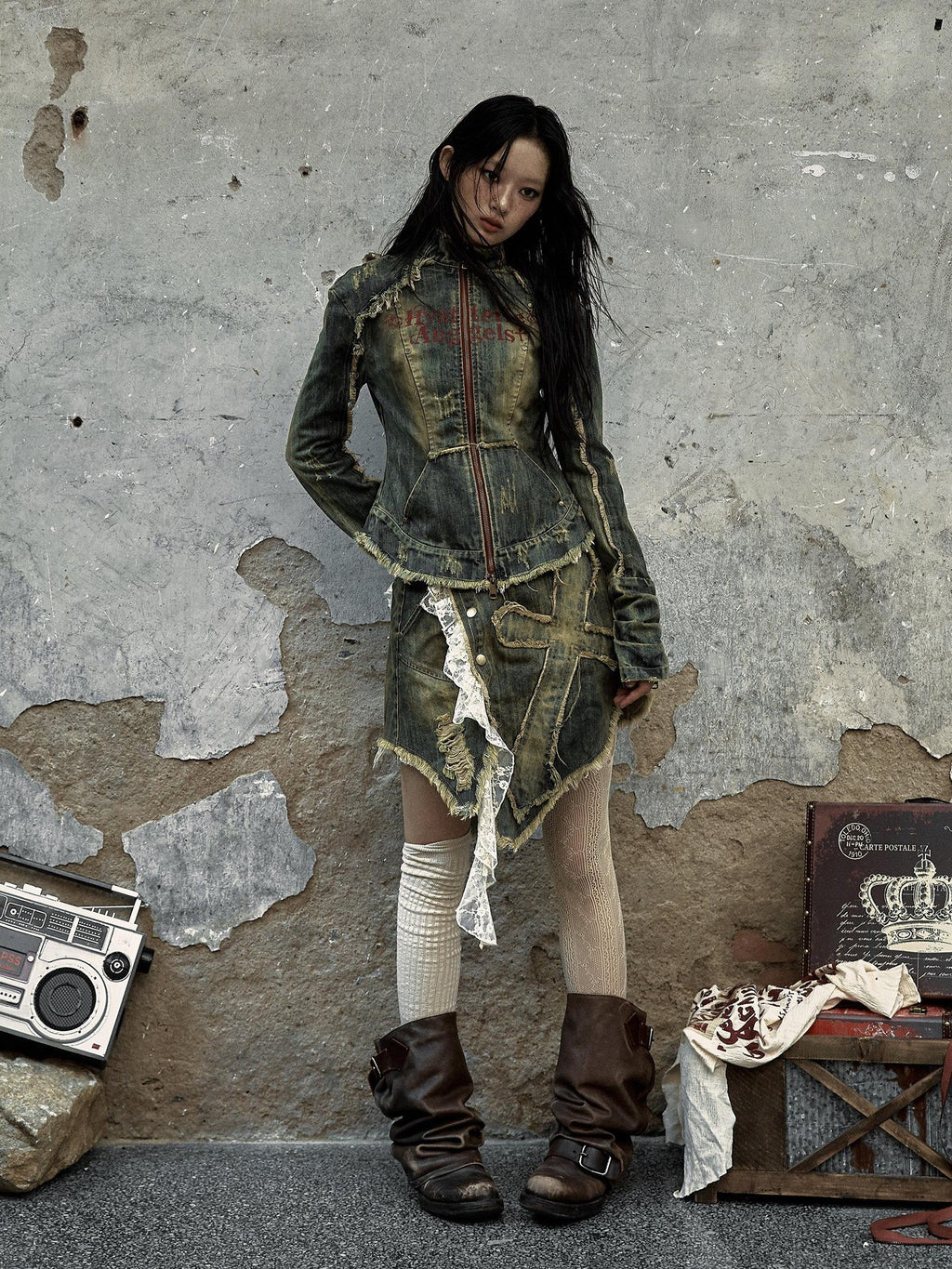 NO ROMANCE Vintage Punk Distressed Washed Rivet Cinched Waist Women'S Denim Jackets
