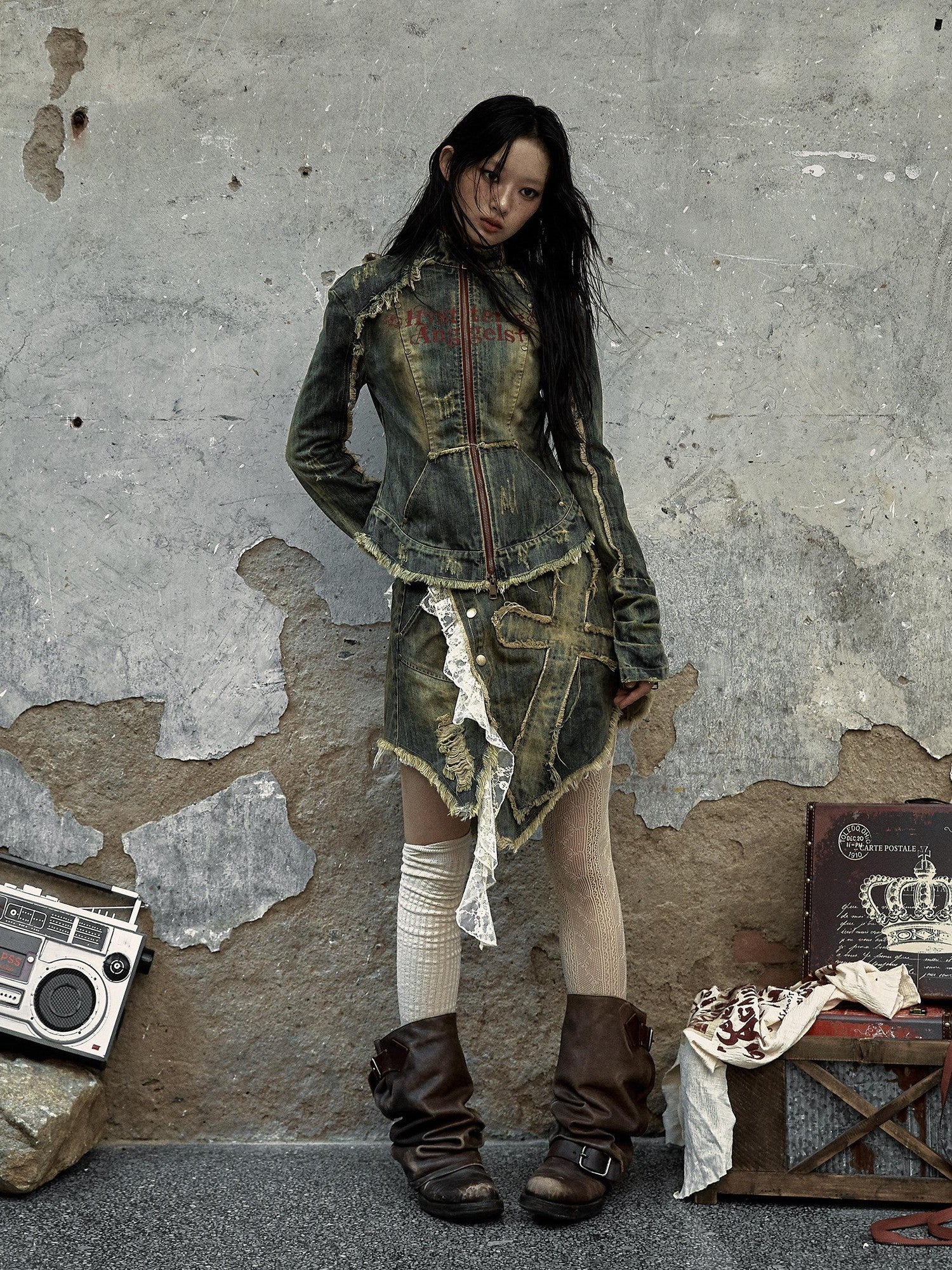 NO ROMANCE Vintage Punk Distressed Washed Rivet Cinched Waist Women'S Denim Jackets