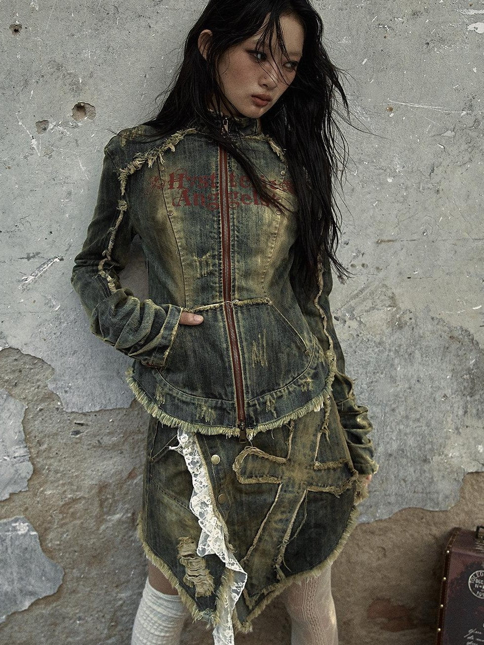 NO ROMANCE Vintage Punk Distressed Washed Rivet Cinched Waist Women'S Denim Jackets