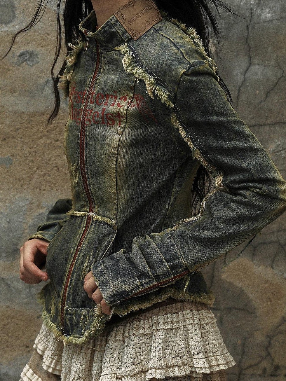 NO ROMANCE Vintage Punk Distressed Washed Rivet Cinched Waist Women'S Denim Jackets