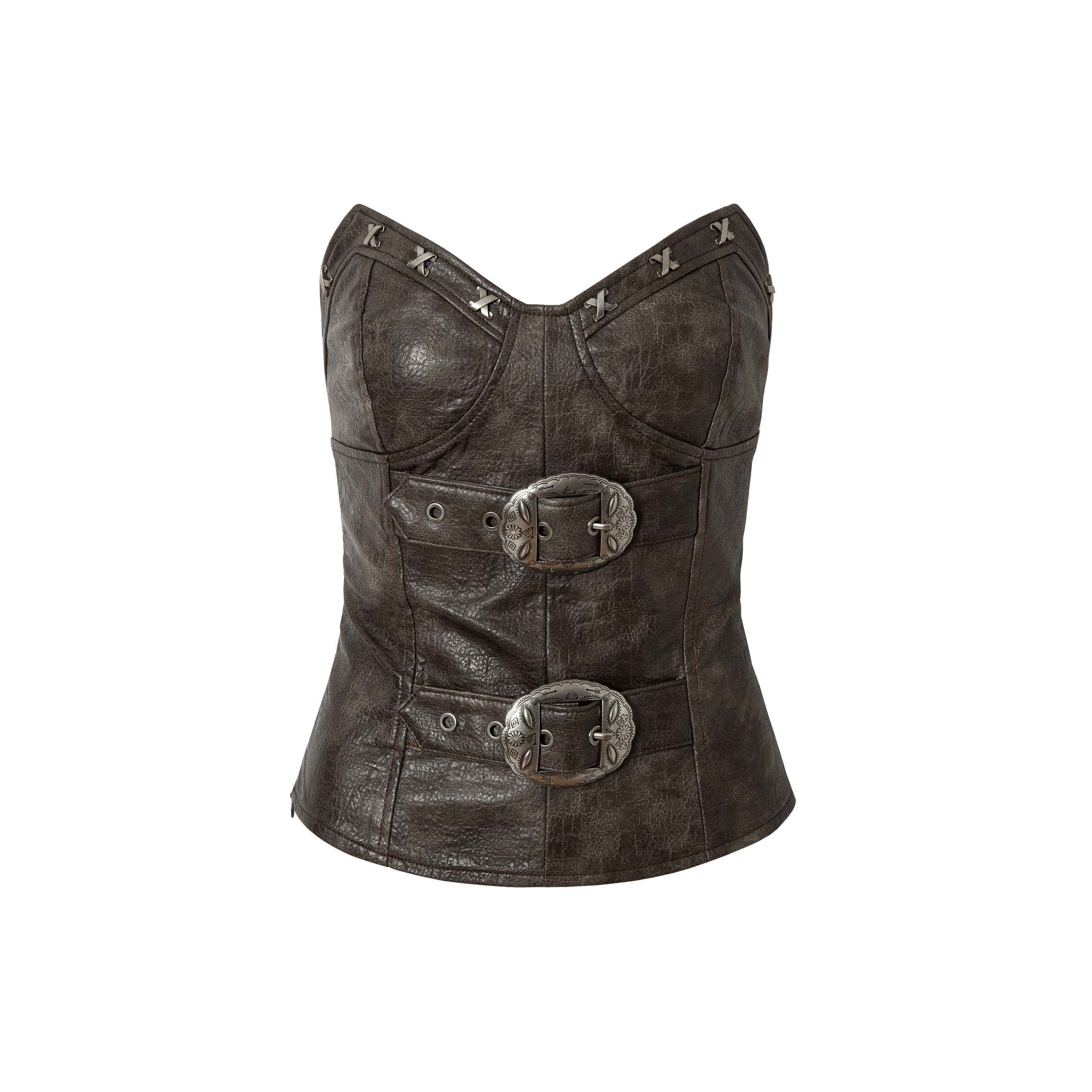 NO_ROMANCE_Vintage_Punk_Embellished_Slim_Women'S_Pu_Leather_Tube_Tops_/_Bandeaus_MISSTT