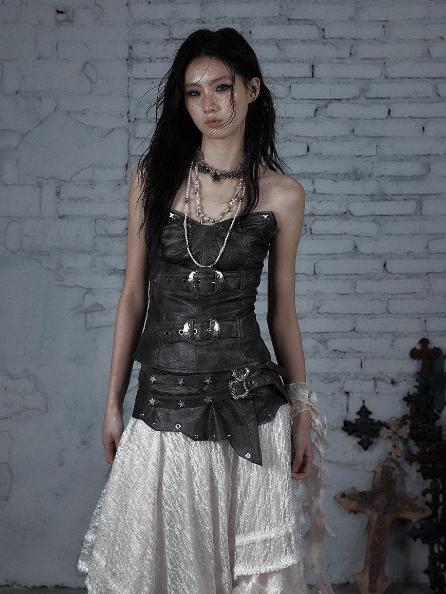 NO ROMANCE Vintage Punk Embellished Slim Women'S Pu Leather Tube Tops / Bandeaus