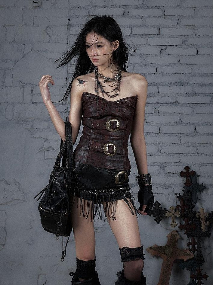 NO ROMANCE Vintage Punk Embellished Slim Women'S Pu Leather Tube Tops / Bandeaus