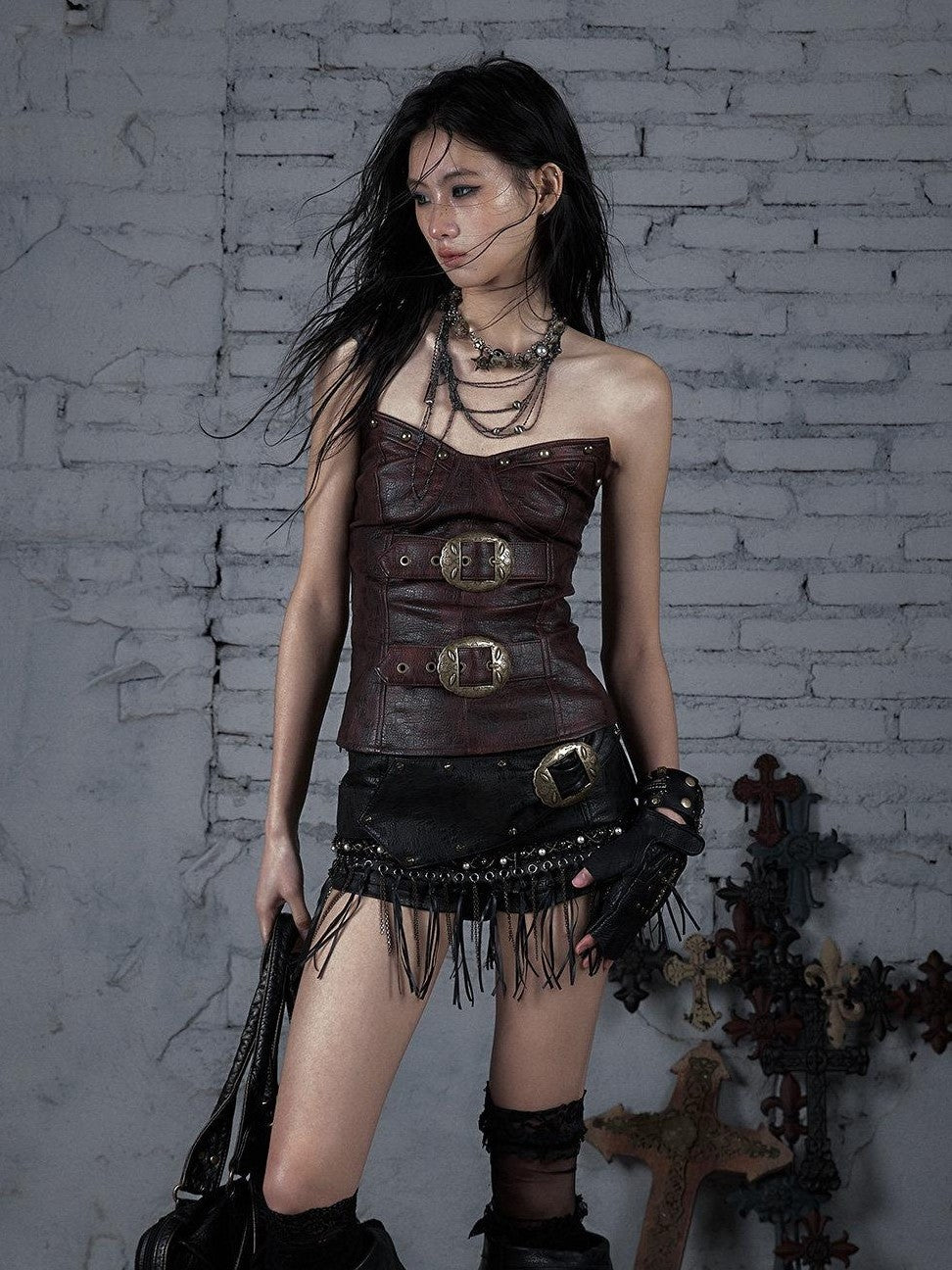 NO ROMANCE Vintage Punk Embellished Slim Women'S Pu Leather Tube Tops / Bandeaus