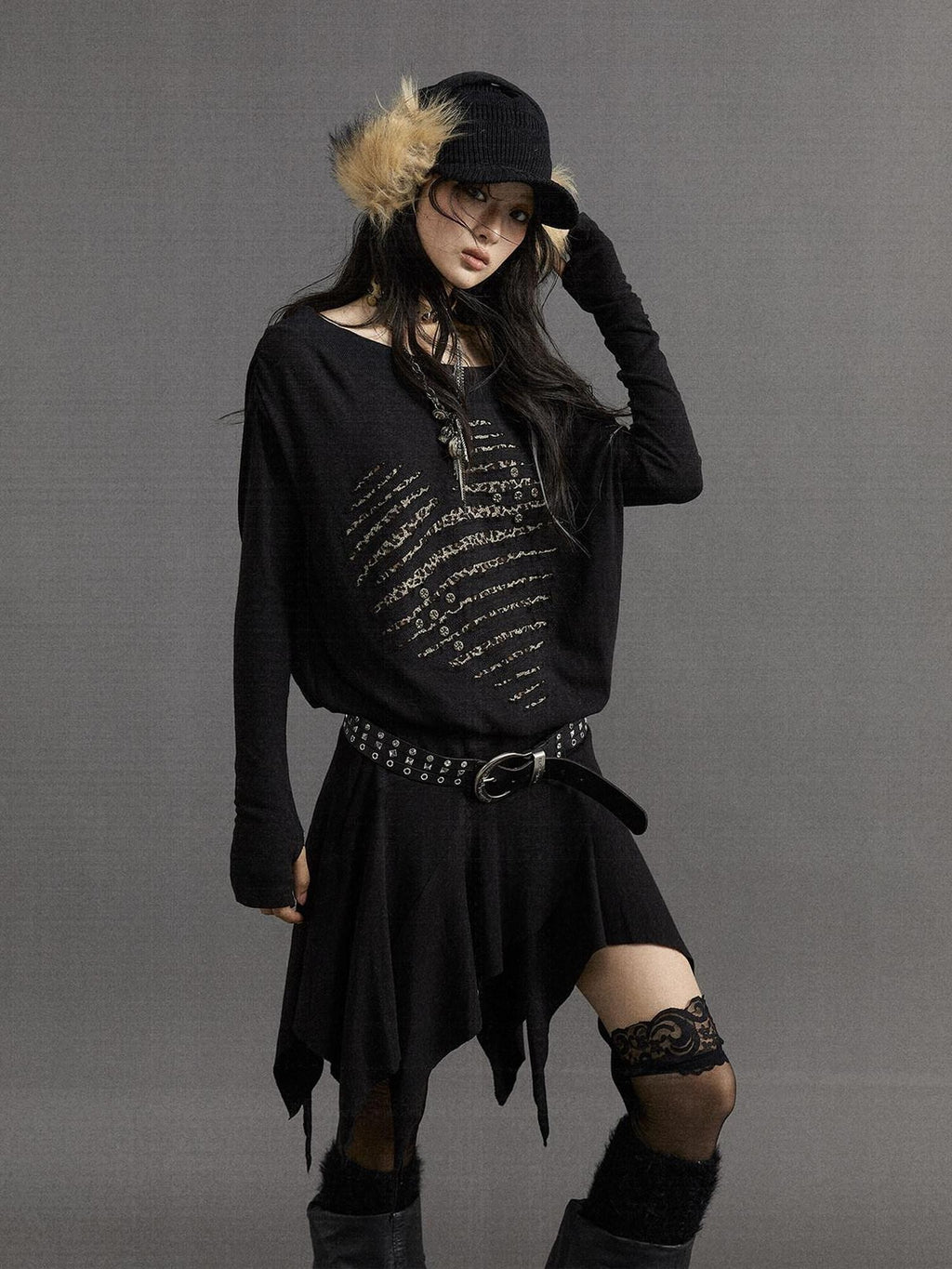 NO ROMANCE Vintage Punk Embroidered Asymmetric Off Shoulder Women'S Cotton Blend Midi Dresses