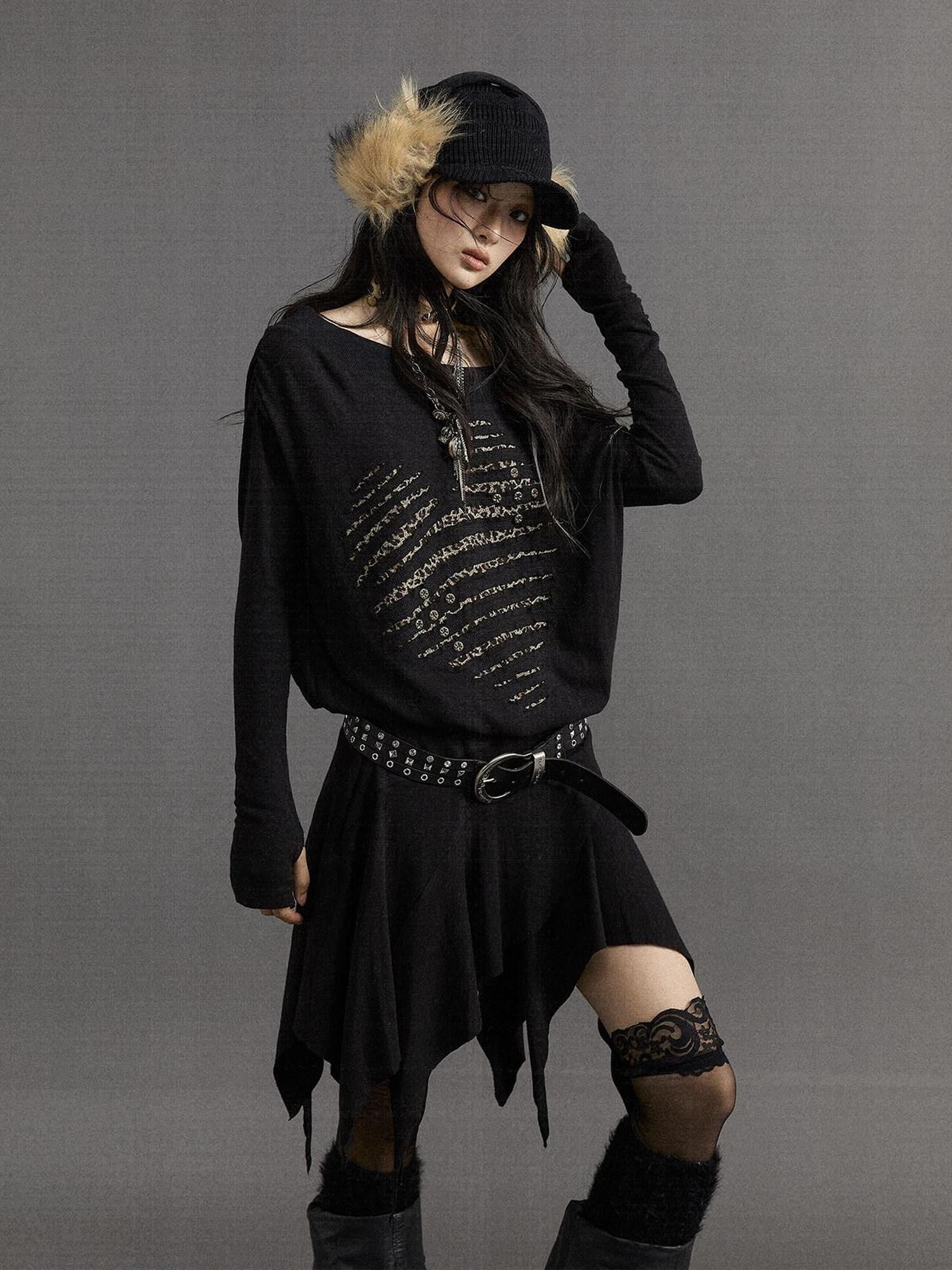 NO ROMANCE Vintage Punk Embroidered Asymmetric Off Shoulder Women'S Cotton Blend Midi Dresses