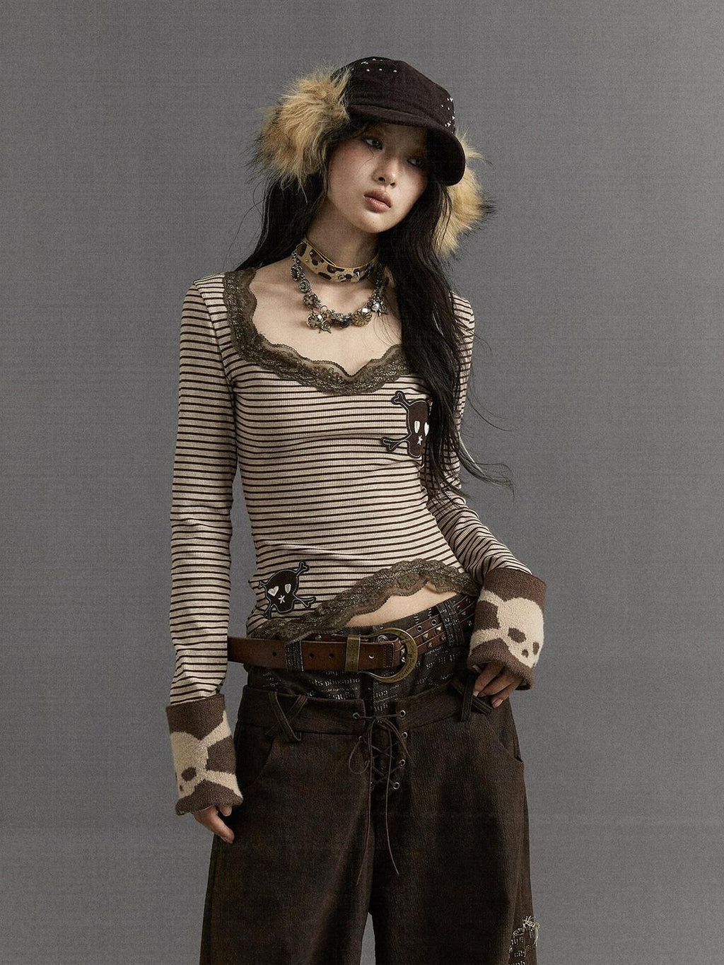 NO ROMANCE Vintage Punk Lace Trim Striped Women'S Combed Cotton Knit Long Sleeve T-Shirts