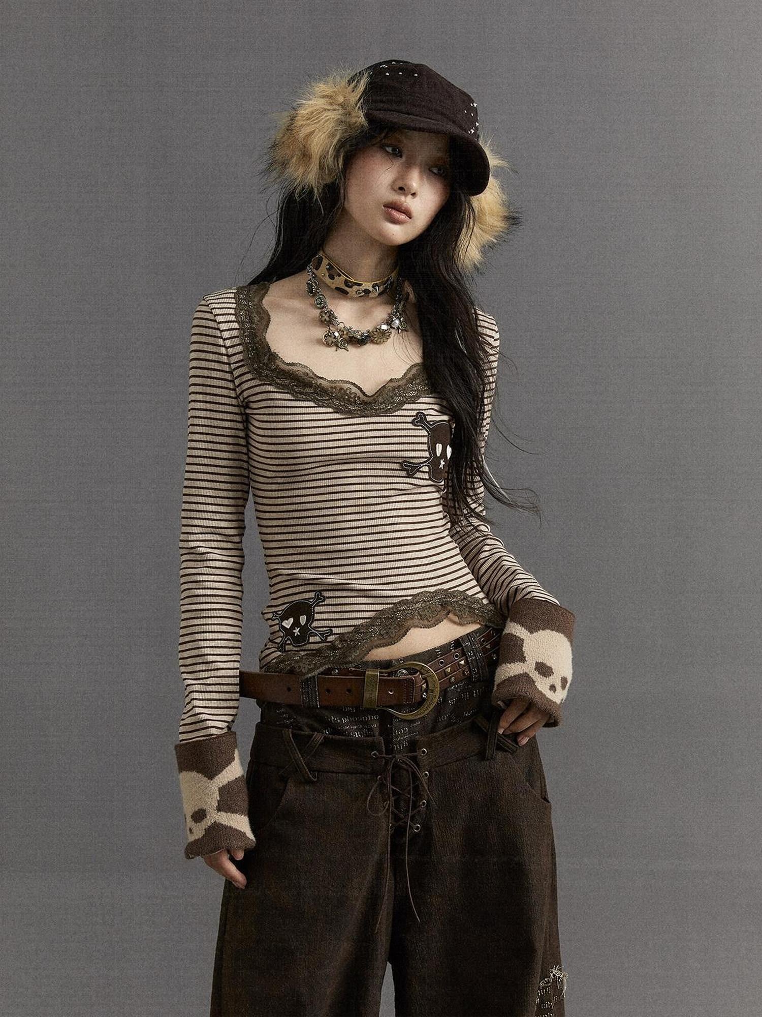 NO ROMANCE Vintage Punk Lace Trim Striped Women'S Combed Cotton Knit Long Sleeve T-Shirts