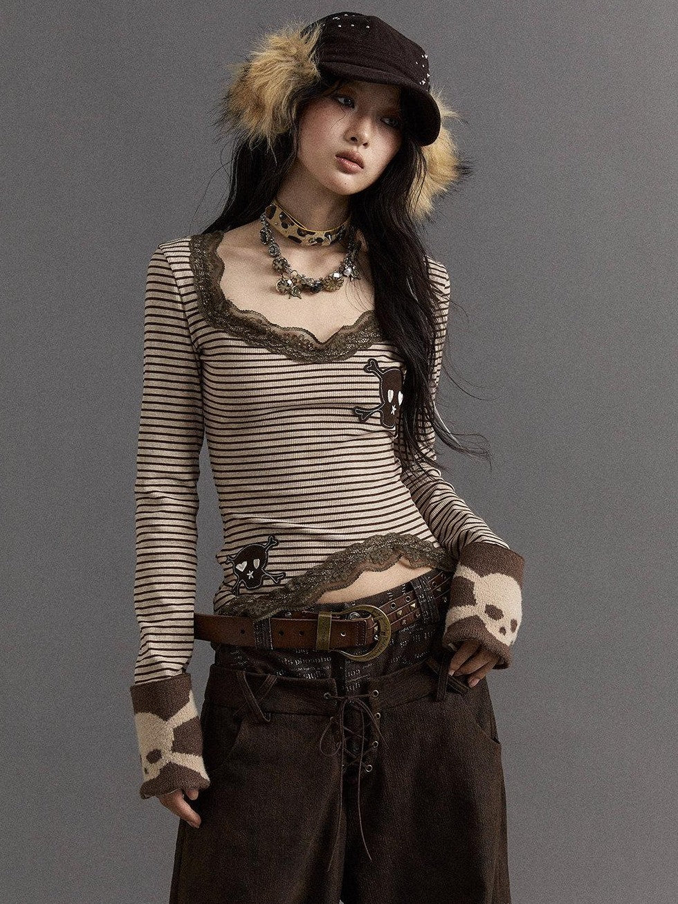 NO ROMANCE Vintage Punk Lace Trim Striped Women'S Combed Cotton Knit Long Sleeve T-Shirts