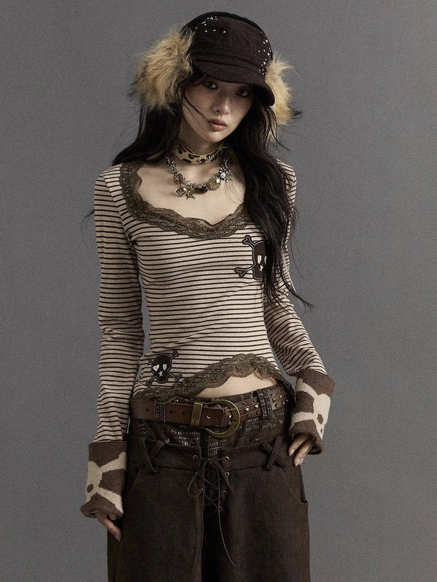 NO ROMANCE Vintage Punk Lace Trim Striped Women'S Combed Cotton Knit Long Sleeve T-Shirts