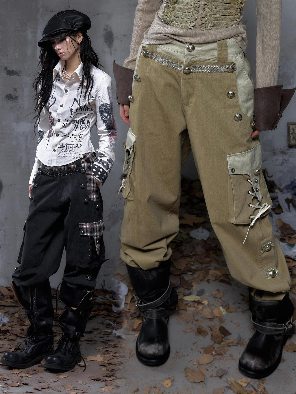 NO ROMANCE Vintage Punk Napoleonic Patchwork Workwear Lantern Women'S Cotton Straight Pants
