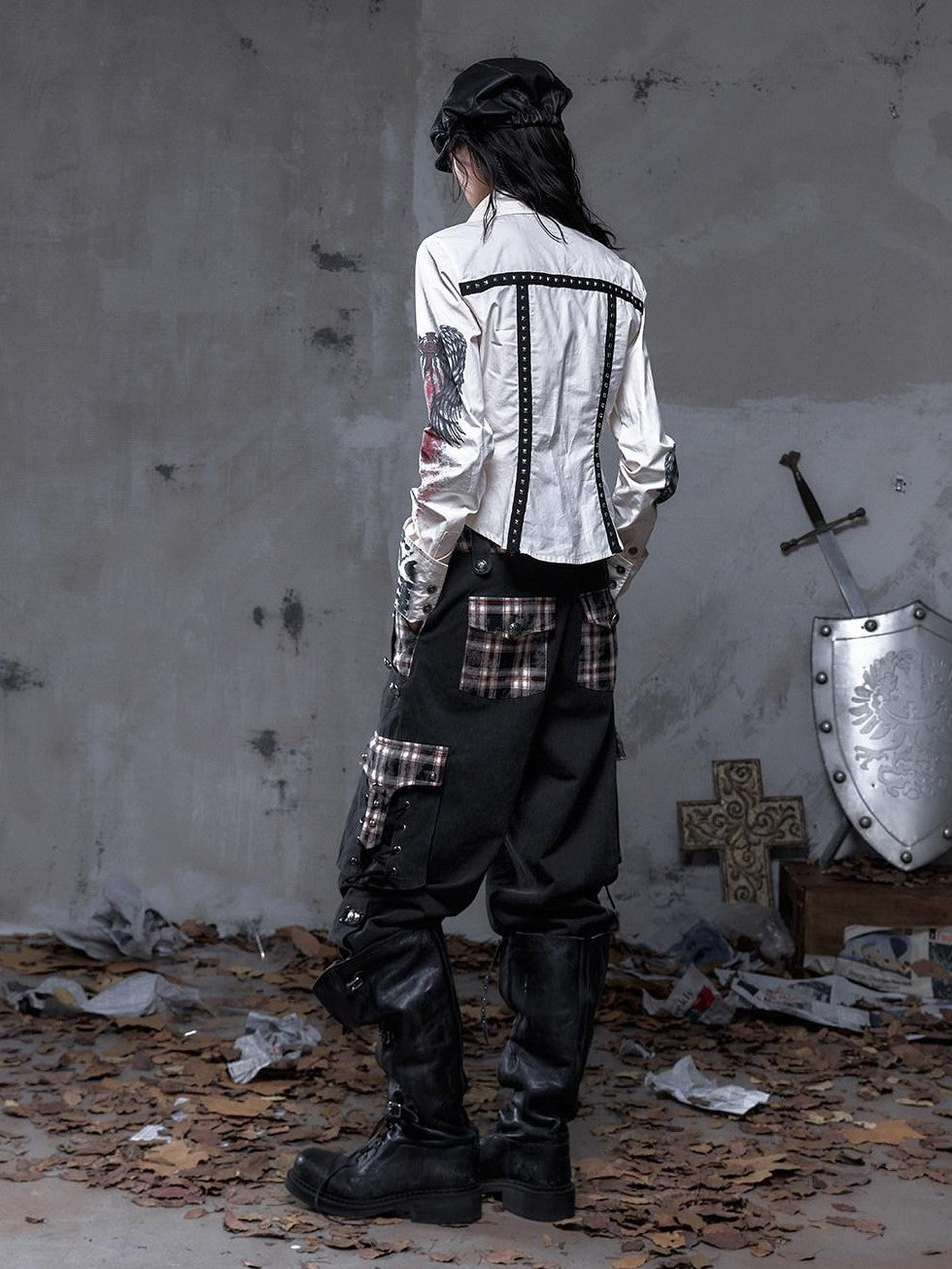 NO ROMANCE Vintage Punk Napoleonic Patchwork Workwear Lantern Women'S Cotton Straight Pants