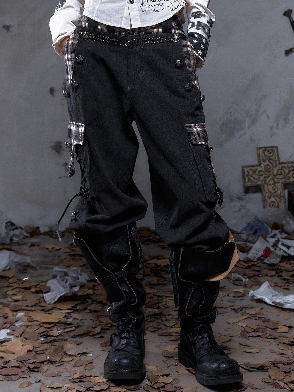 NO ROMANCE Vintage Punk Napoleonic Patchwork Workwear Lantern Women'S Cotton Straight Pants