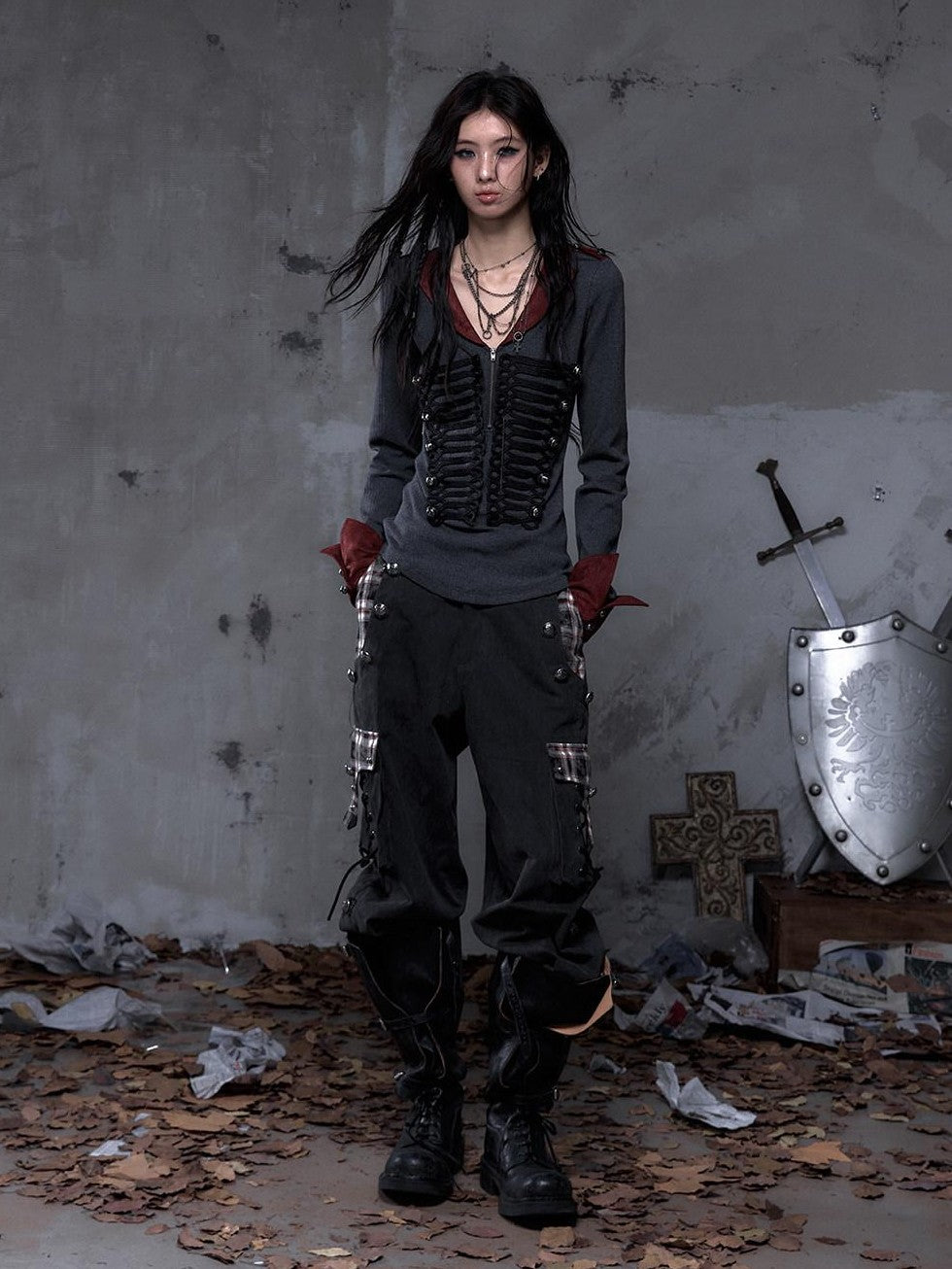 NO ROMANCE Vintage Punk Napoleonic Patchwork Workwear Lantern Women'S Cotton Straight Pants