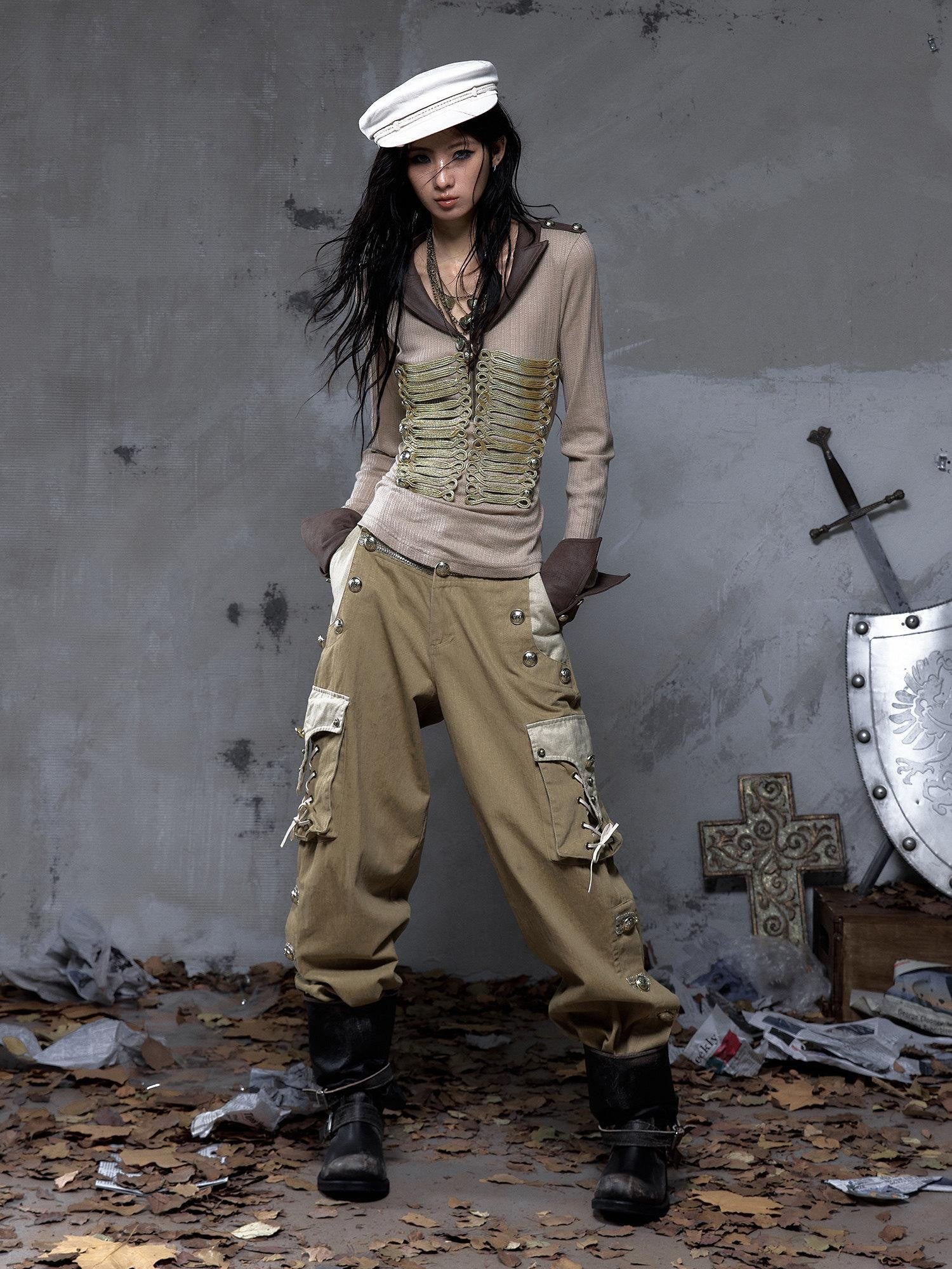NO ROMANCE Vintage Punk Napoleonic Patchwork Workwear Lantern Women'S Cotton Straight Pants