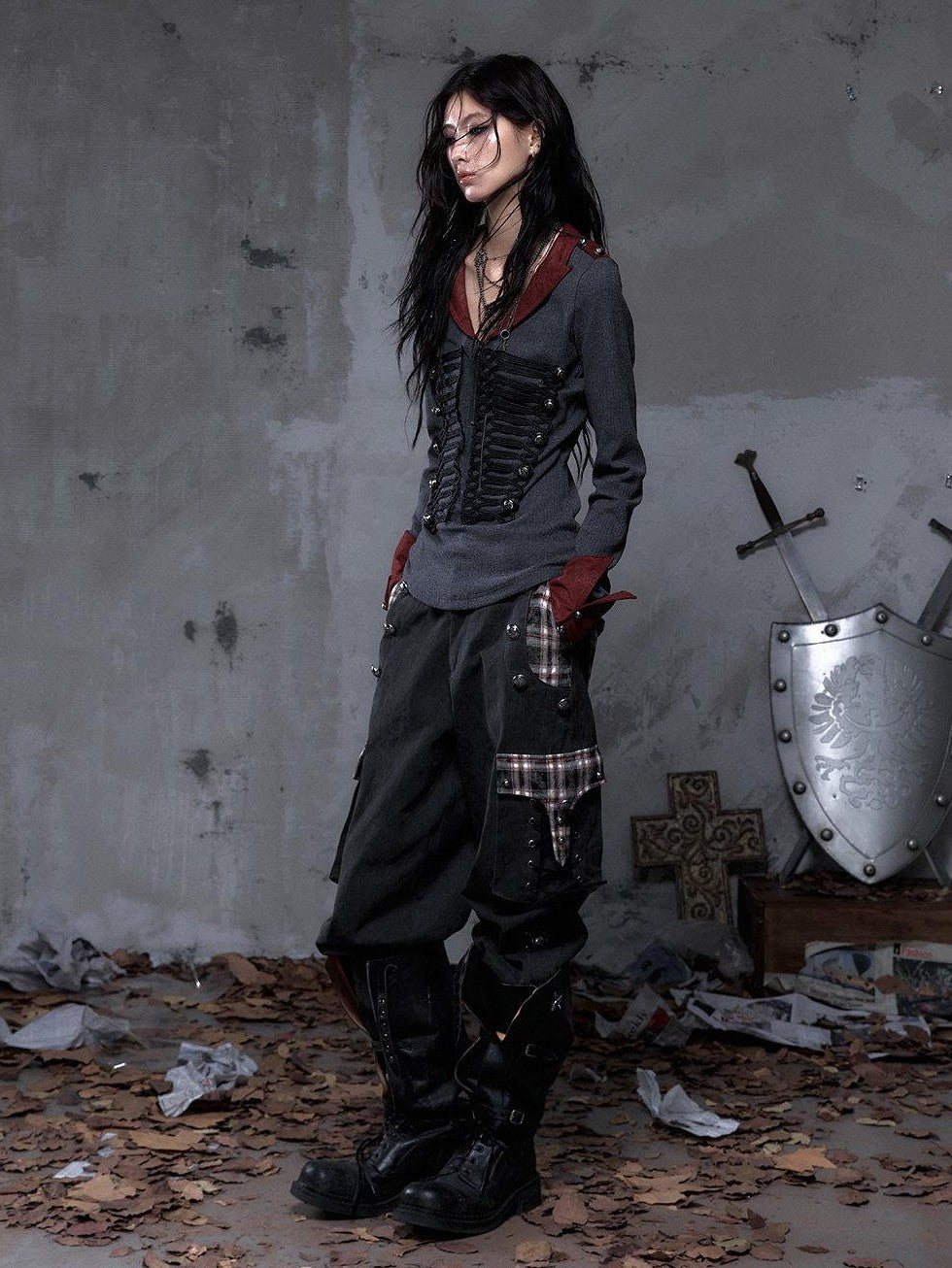 NO ROMANCE Vintage Punk Napoleonic Patchwork Workwear Lantern Women'S Cotton Straight Pants