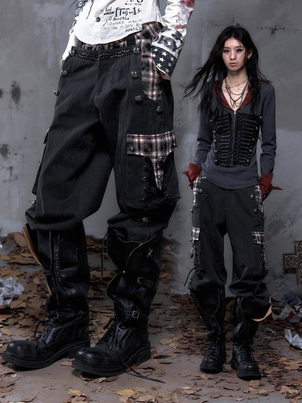NO ROMANCE Vintage Punk Napoleonic Patchwork Workwear Lantern Women'S Cotton Straight Pants
