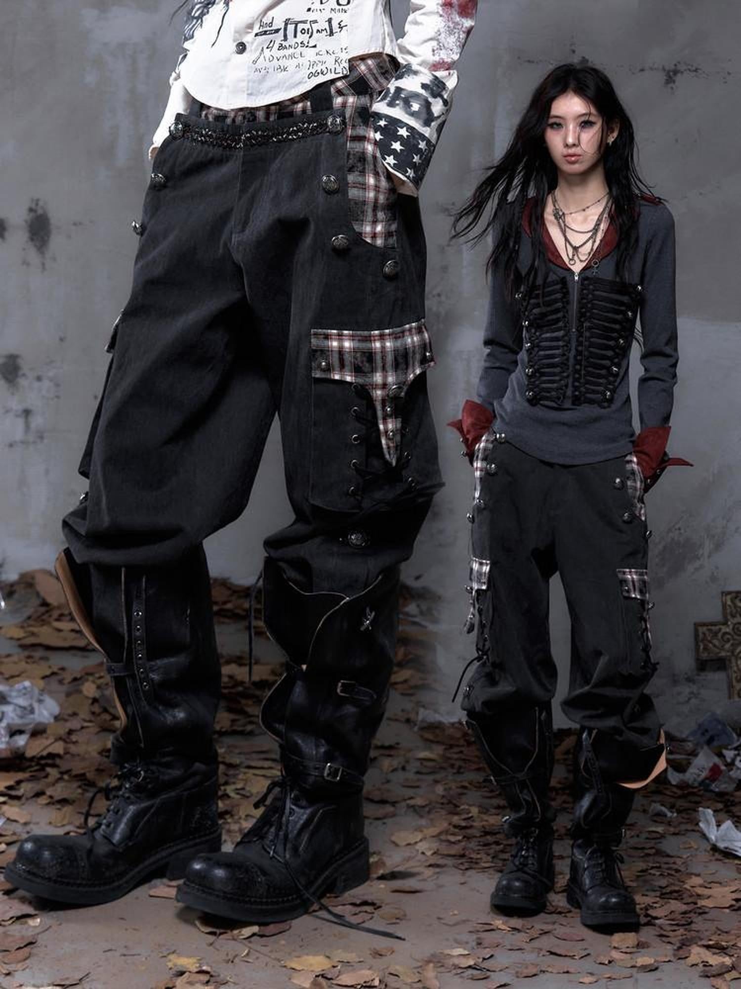 NO ROMANCE Vintage Punk Napoleonic Patchwork Workwear Lantern Women'S Cotton Straight Pants