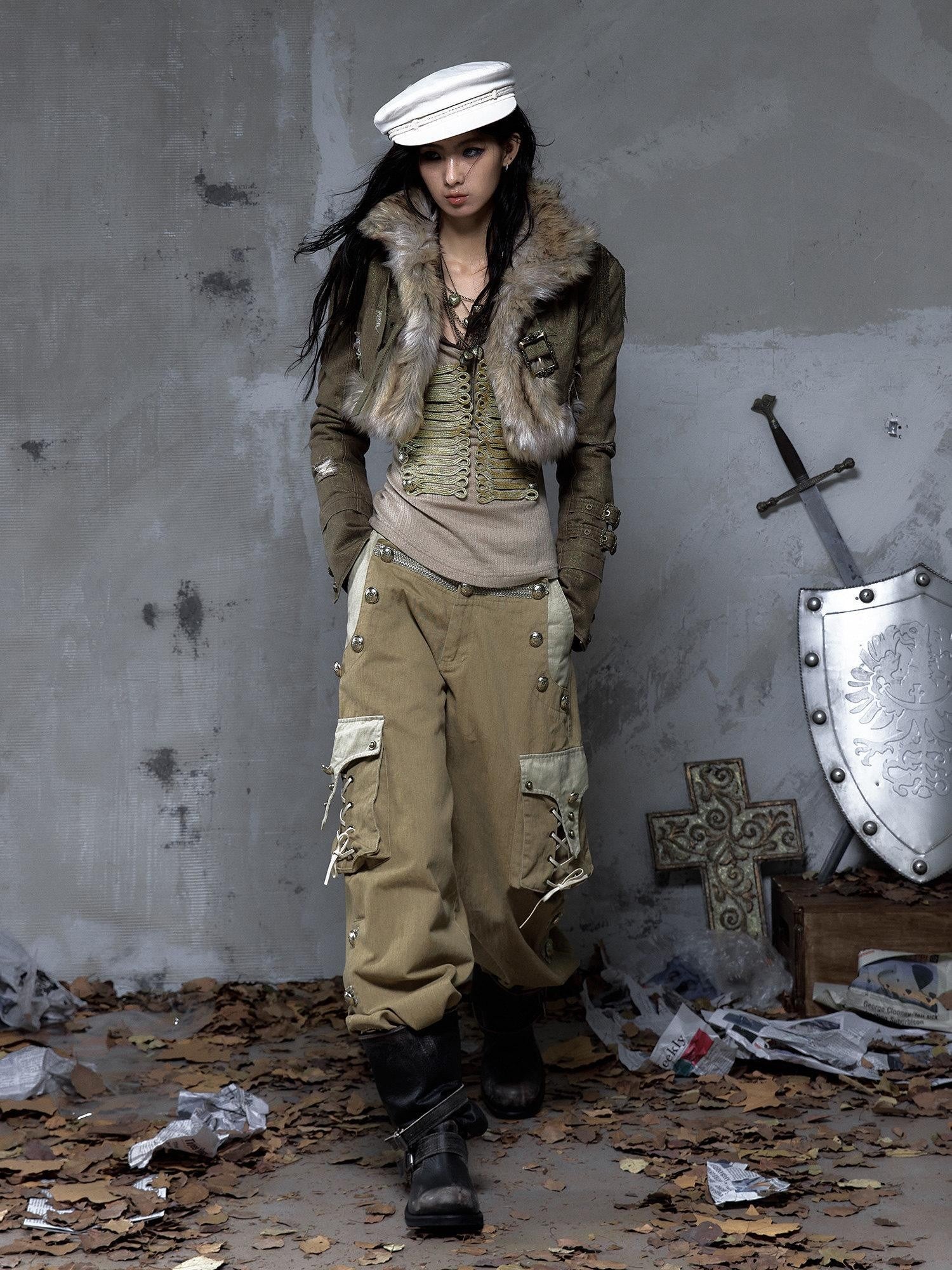 NO ROMANCE Vintage Punk Napoleonic Patchwork Workwear Lantern Women'S Cotton Straight Pants