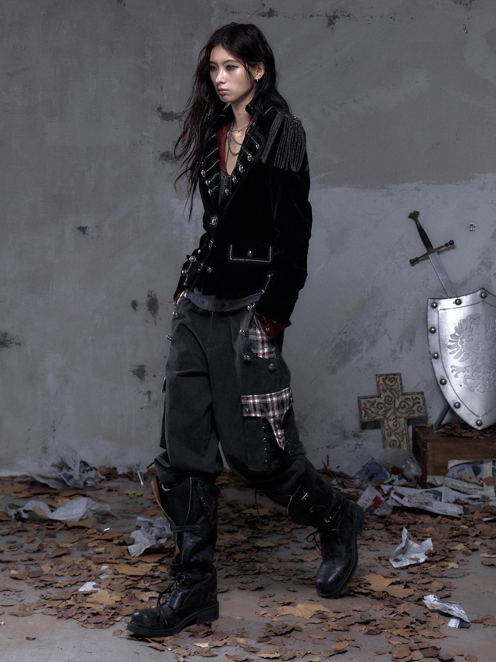NO ROMANCE Vintage Punk Napoleonic Patchwork Workwear Lantern Women'S Cotton Straight Pants