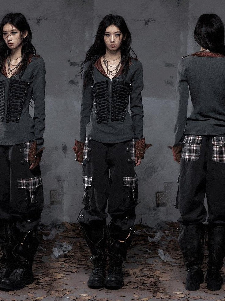 NO ROMANCE Vintage Punk Napoleonic Patchwork Workwear Lantern Women'S Cotton Straight Pants